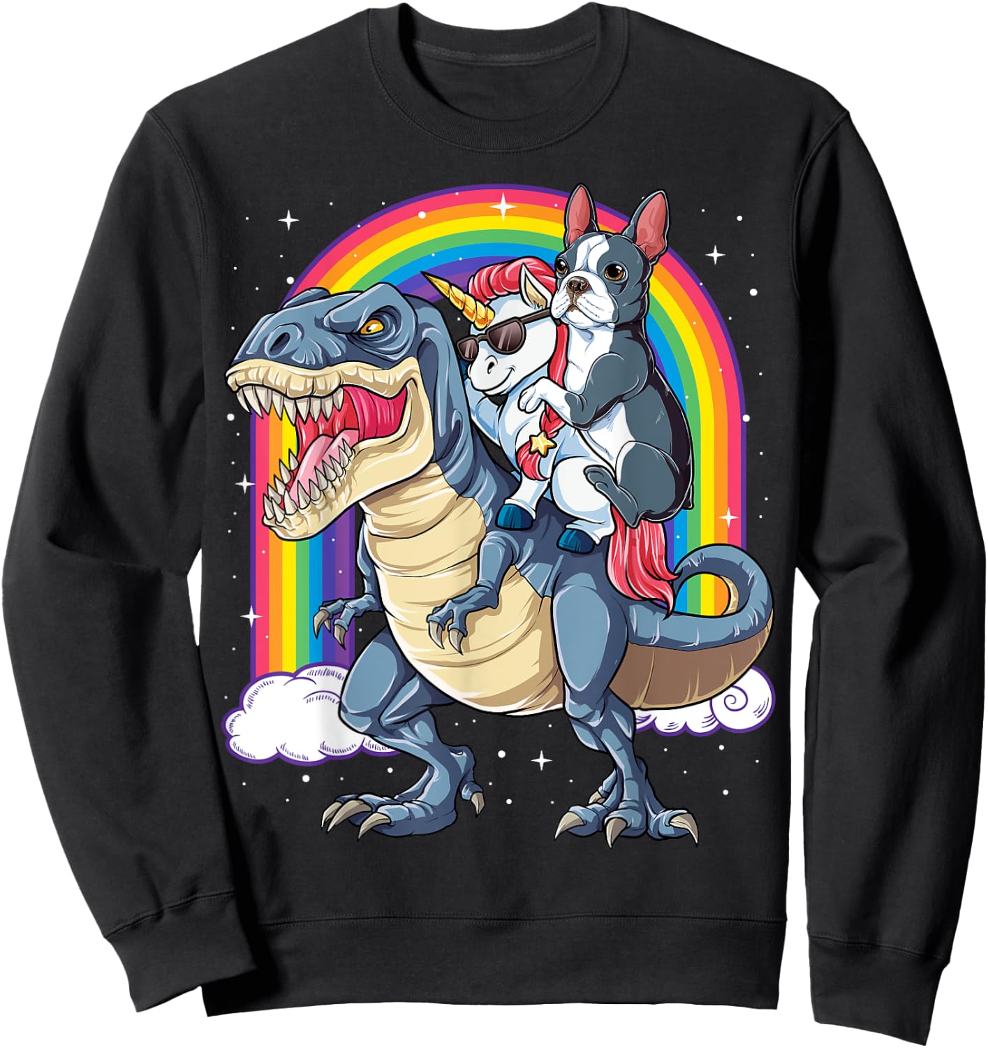 Boston Terrier Unicorn Riding Dinosaur T-rex Girls Rainbow Sweatshirt - Sweatshirt | Black