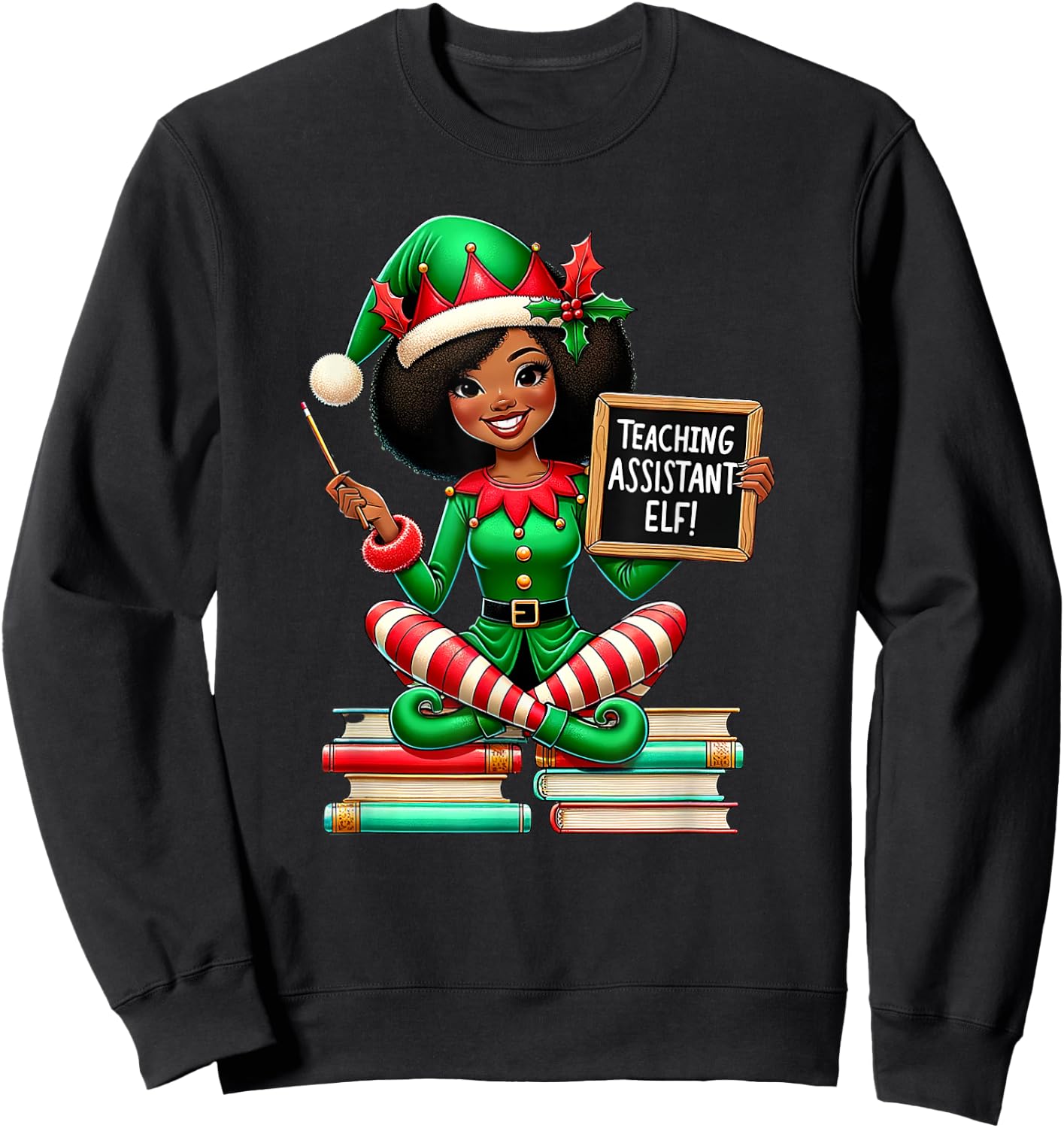 Teaching Assistant Elf African American Elf Educator Holiday Sweatshirt - Sweatshirt | Black