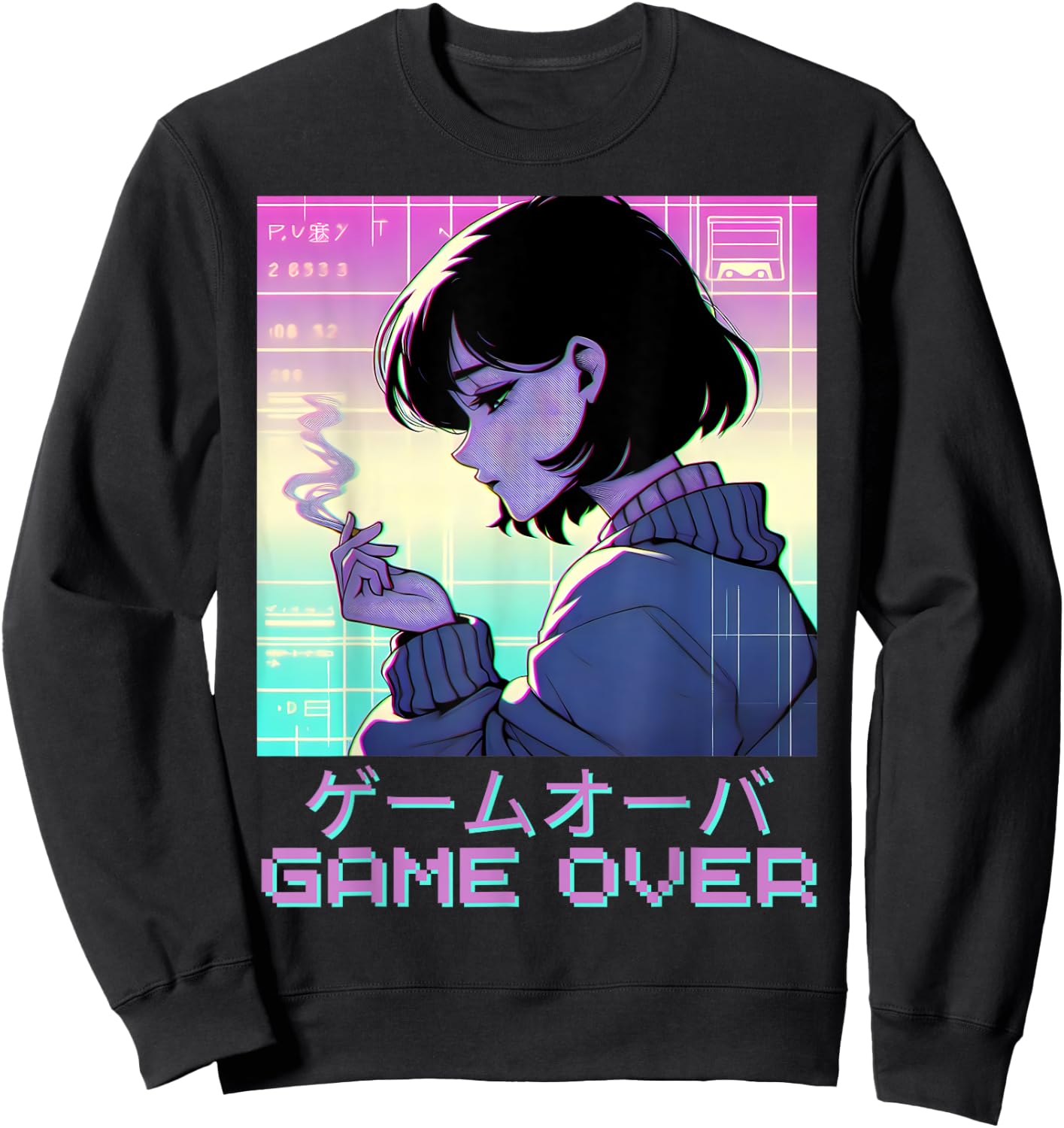 90s Japanese Sad Anime Girl Game Over Vaporwave Aesthetic Sweatshirt - Sweatshirt | Black