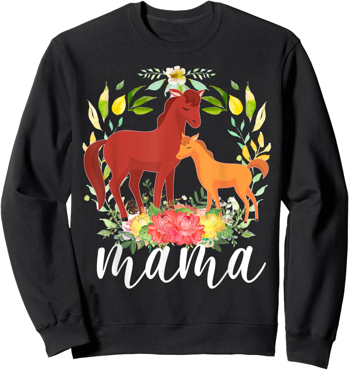 Flowers Mom Horse & Baby Horse - Animal Mama Mother's Day Sweatshirt - Sweatshirt | Black