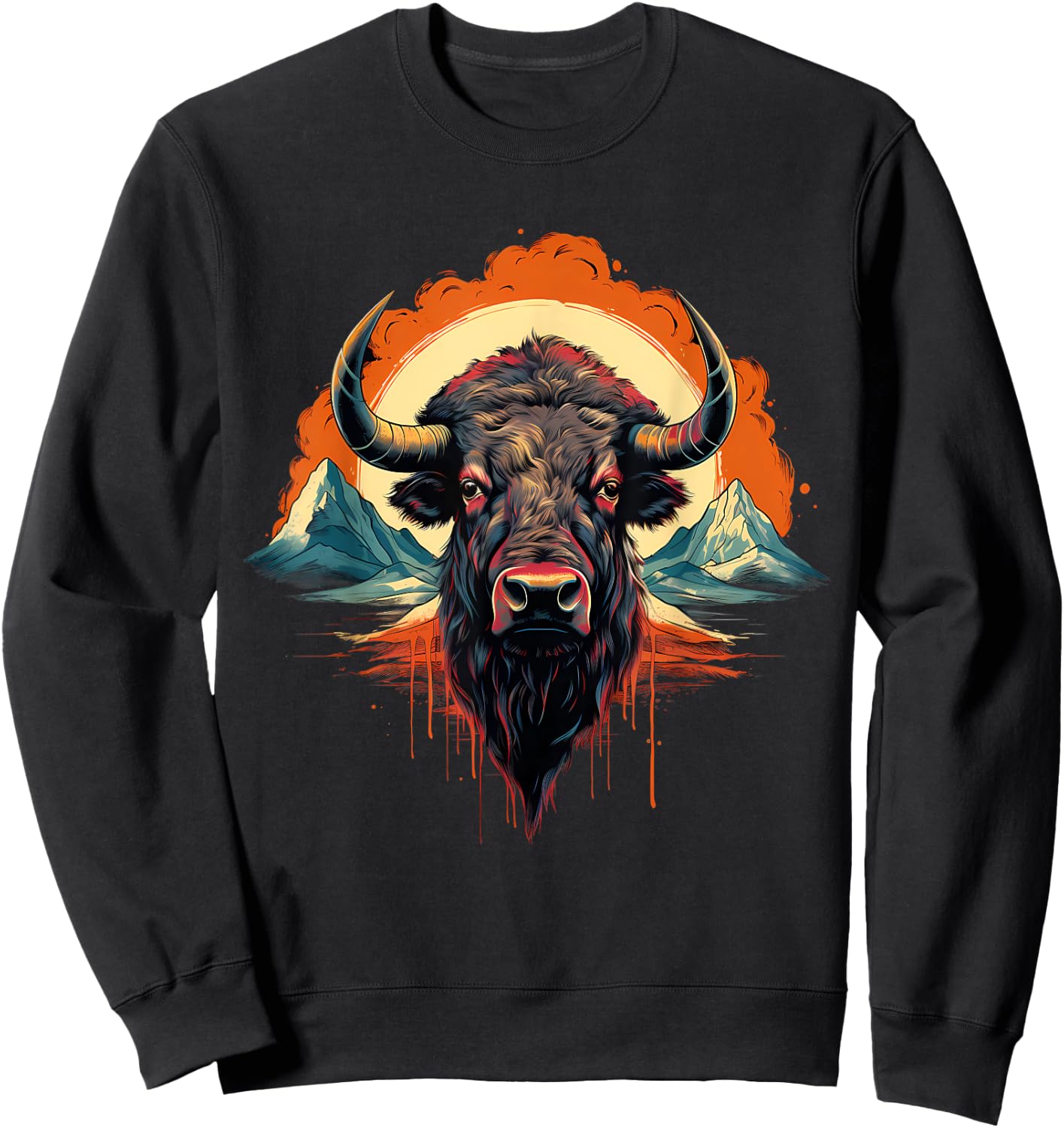 Buffalo Colorful Motif Artwork Wildlife Safari Nature Bison Sweatshirt - Sweatshirt | Black