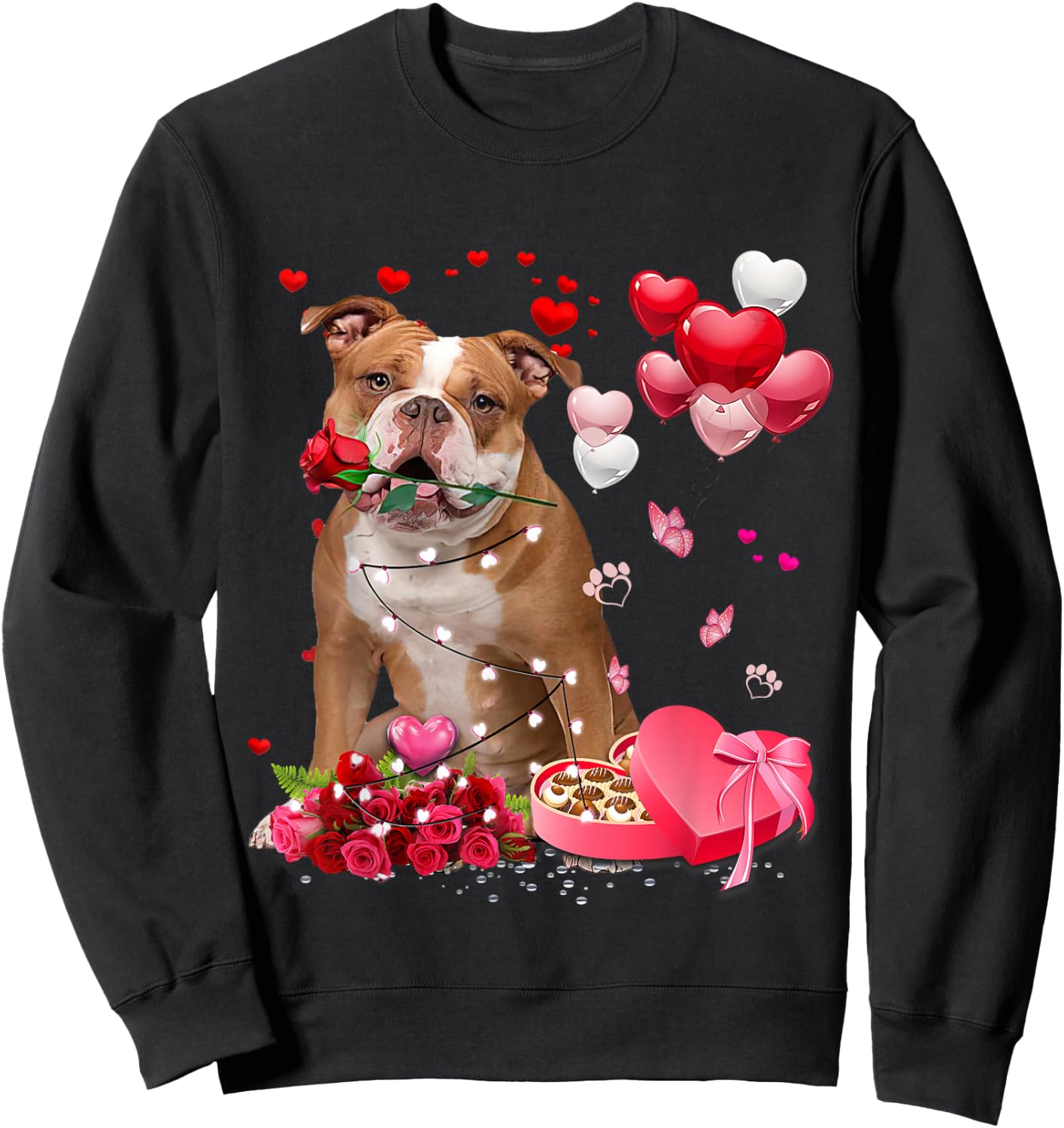 Funny Old English Bulldog Rose Heart Happy Valentine Day Dog Sweatshirt - Sweatshirt | Black