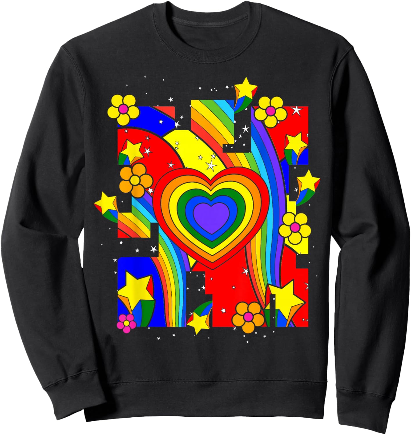 Kidcore Aesthetic Rainbow Heart Flowers Retro 80s 90s Groovy Sweatshirt - Sweatshirt | Black
