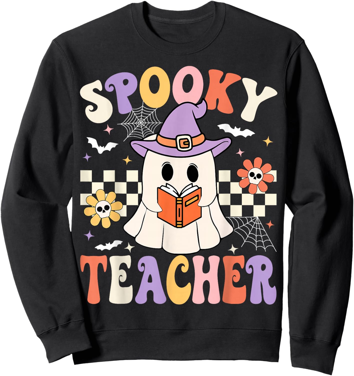 Groovy Spooky Teacher Ghost Retro Floral Teacher Halloween Sweatshirt - Sweatshirt | Black