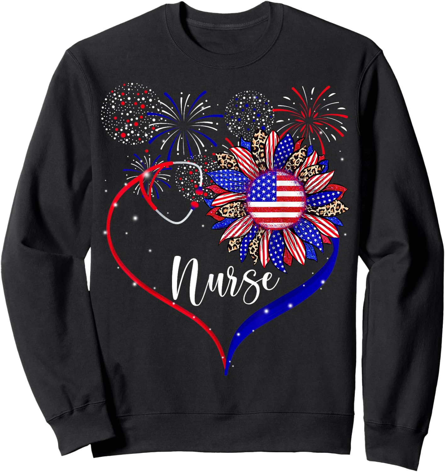 Patriotic Nurse 4th Of July American Flag Sunflower Love Sweatshirt - Sweatshirt | Black