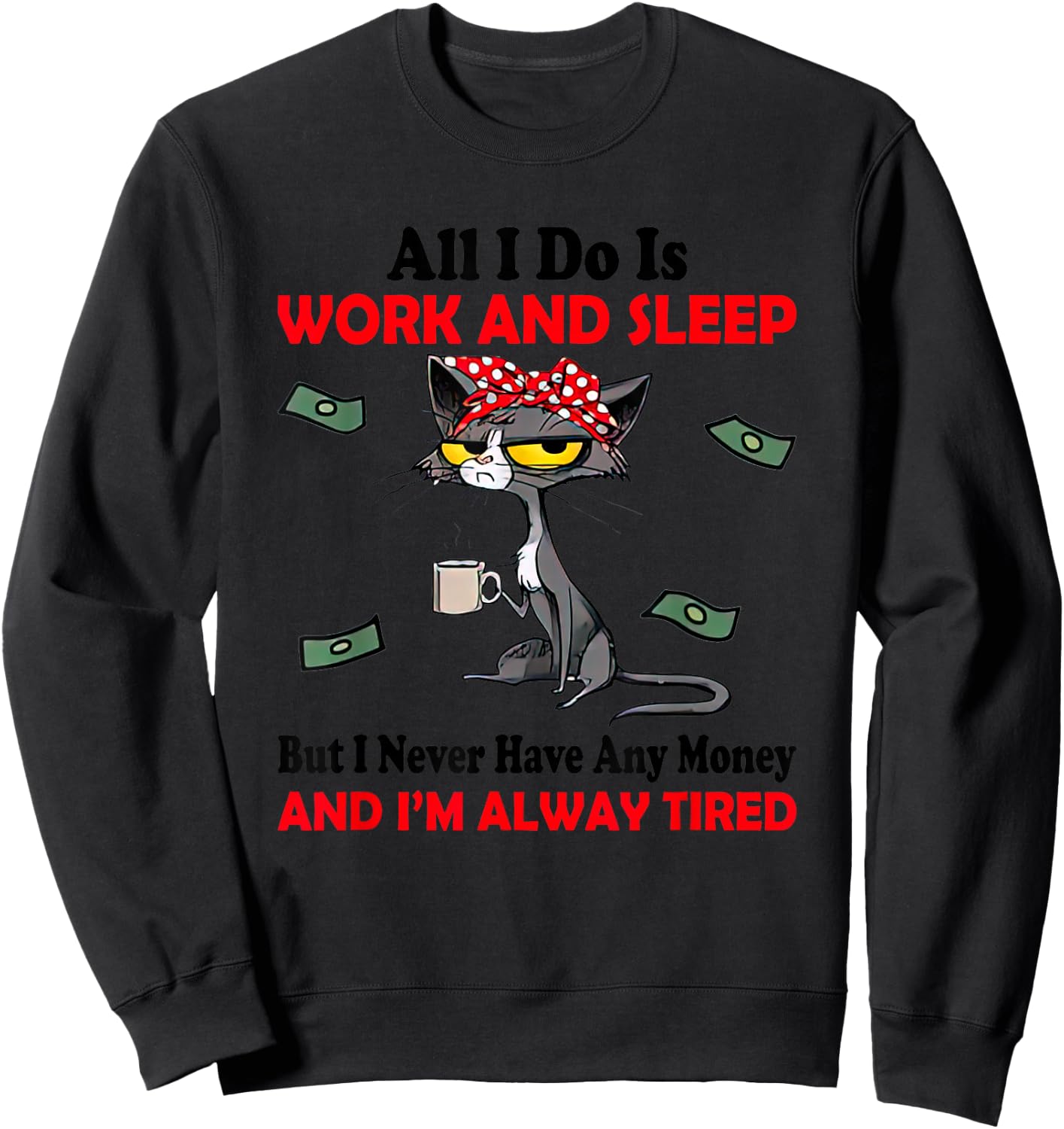 Black Cat All I Do Is Work & Sleep I Never Have Any Money Sweatshirt - Sweatshirt | Black