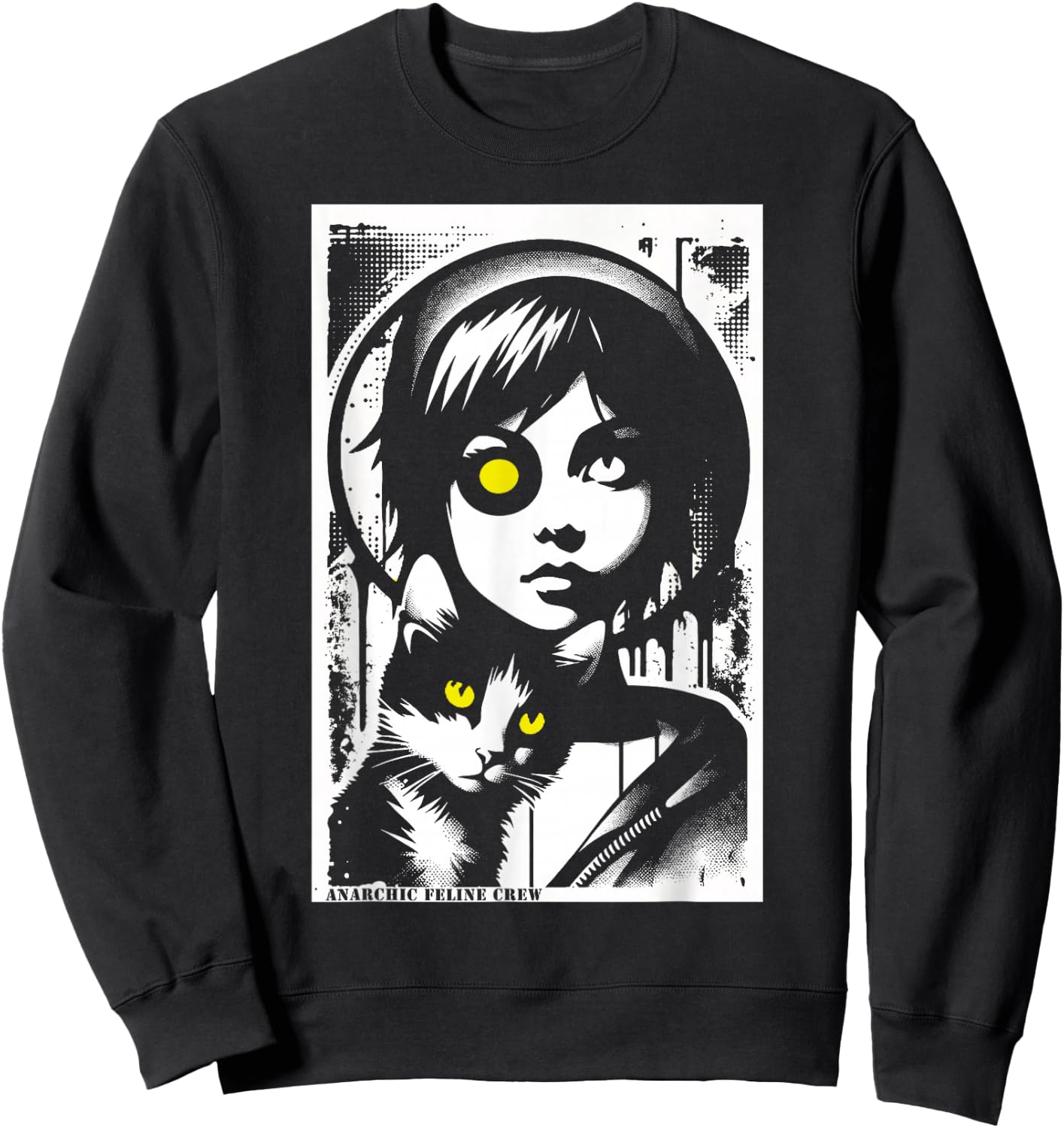 Punk Girl and Cat Graffiti Grunge 90s Distressed Vintage Sweatshirt - Sweatshirt | Black