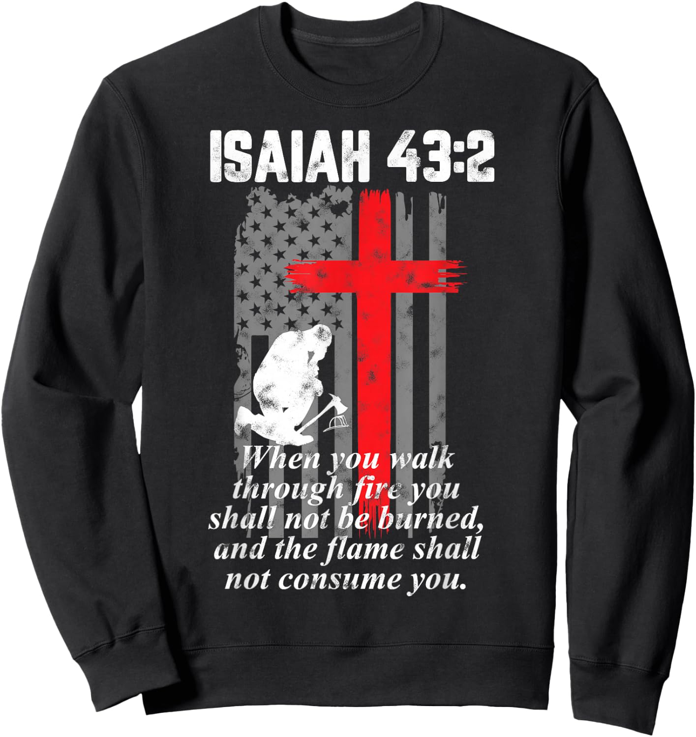 Thin Red Line Firefighter Cross Bible Verse American Flag Small Sweatshirt - Sweatshirt | Black