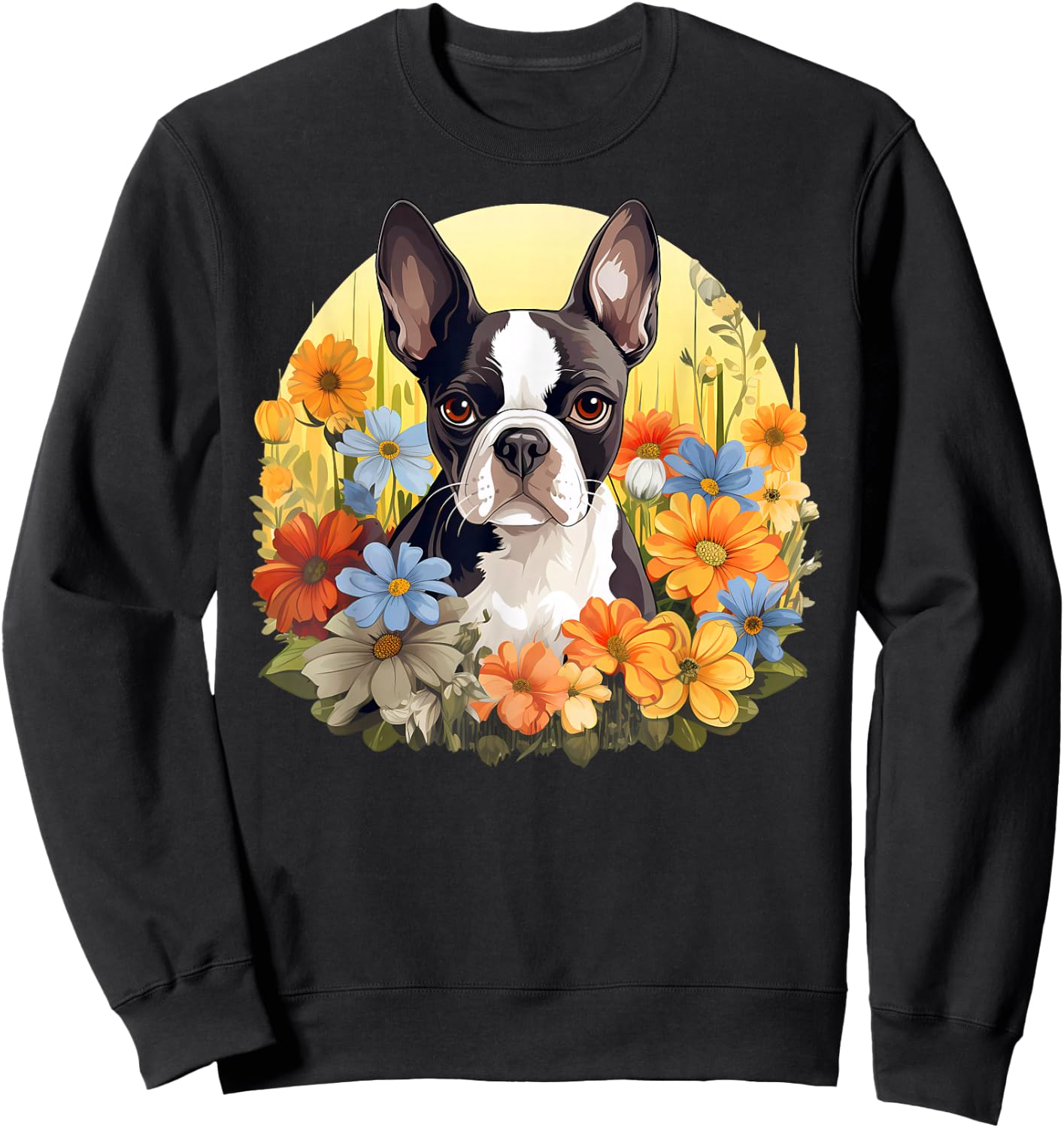 Cute Boston Terrier Spring Flower Garden Colorful Puppy Dog Sweatshirt - Sweatshirt | Black