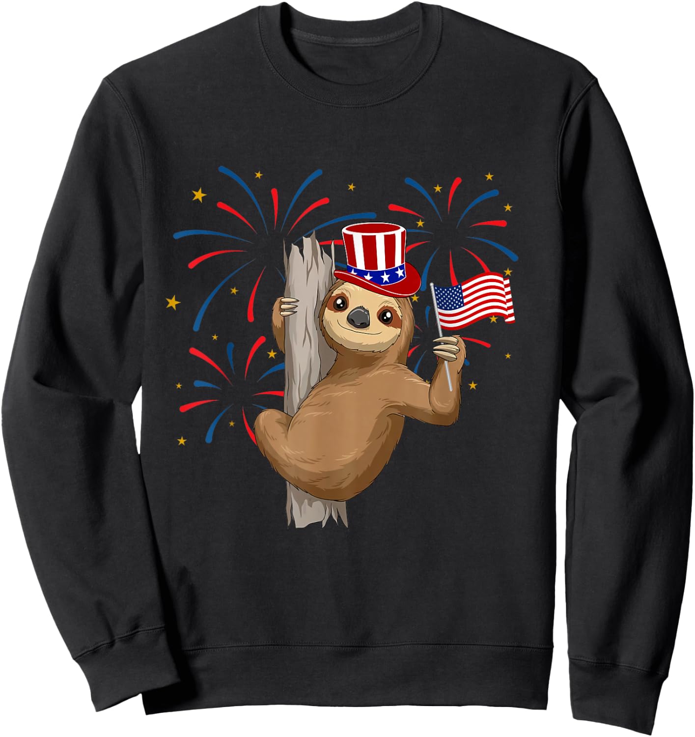 Funny 4th of July Sloth With American Flag Patriotic Sweatshirt - Sweatshirt | Black