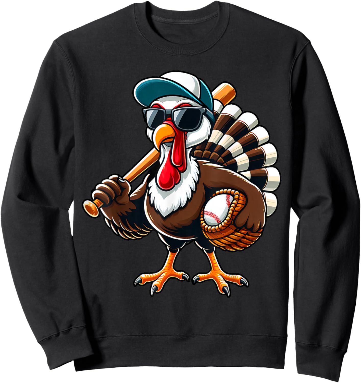 Turkey Baseball Thanksgiving Fall Turkey Playing Baseball Sweatshirt - Sweatshirt | Black