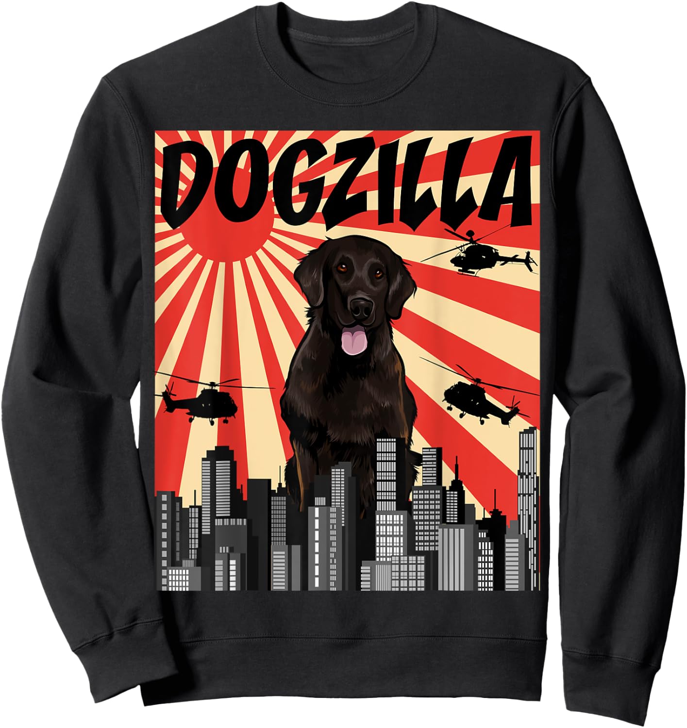 Funny Retro Japanese Dogzilla Flat-Coated Retriever Sweatshirt - Sweatshirt | Black