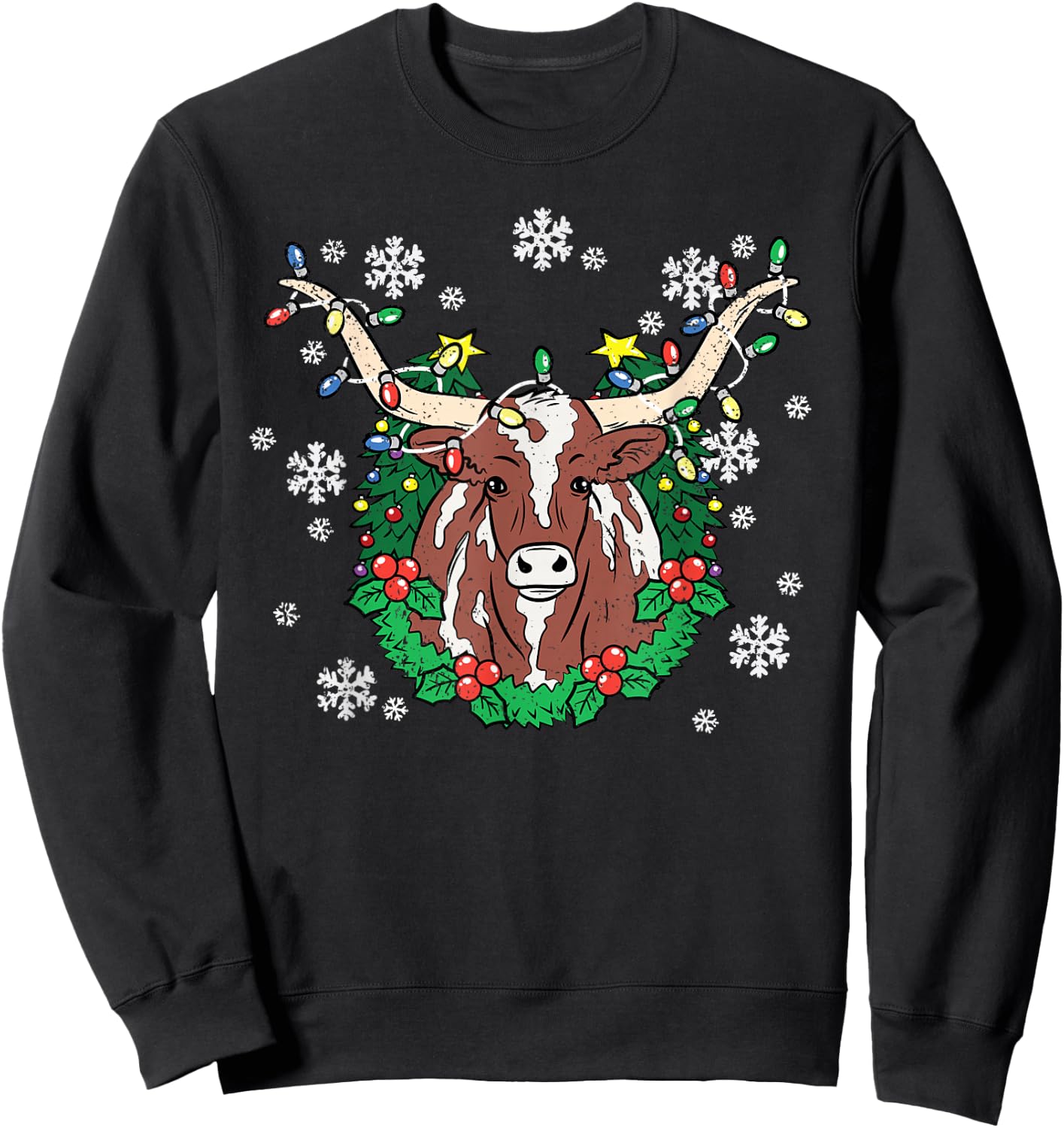 Texas Longhorn Christmas Pajama X-mas Lights Snowflakes Sweatshirt - Sweatshirt | Black