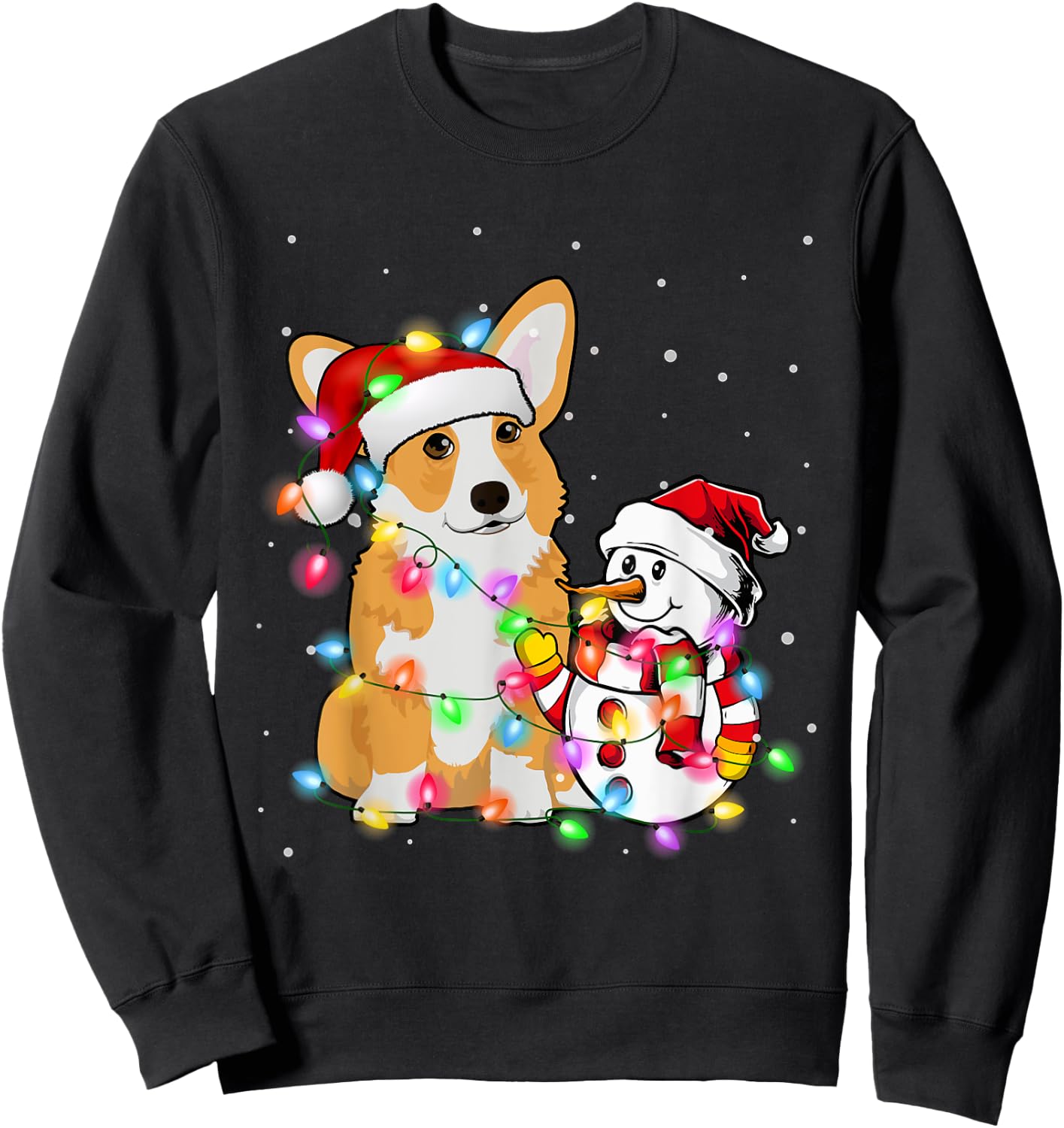 Funny Corgi Dog Christmas Snowman Xmas Lights Pajama Sweatshirt - Sweatshirt | Black