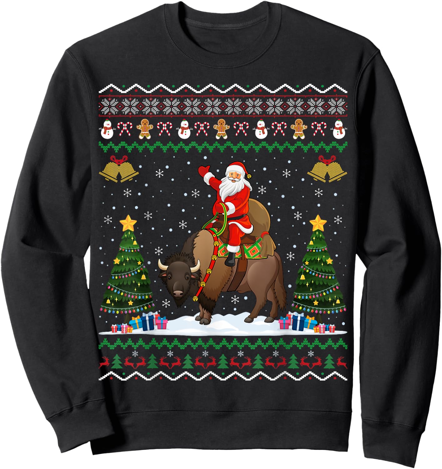 Bison Ugly Xmas Gift Santa Riding Bison Christmas Sweatshirt - Sweatshirt | Black