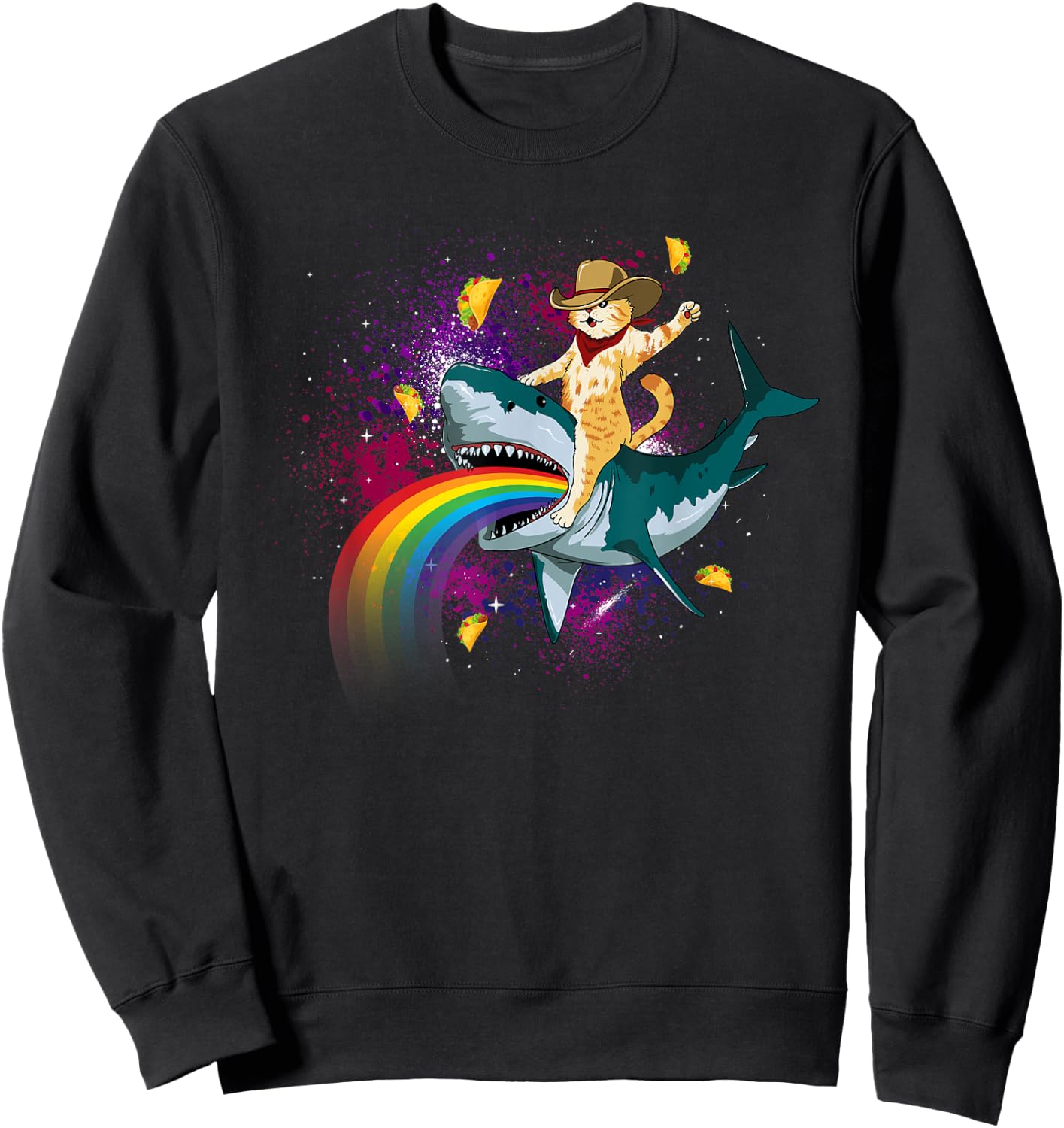 Western Cowboy Cat Riding A Shark In Taco Space Rainbow Sweatshirt - Sweatshirt | Black