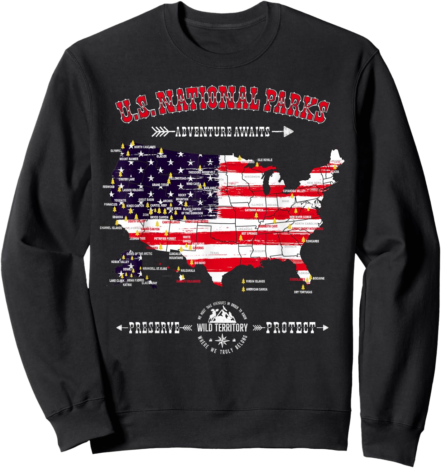 63 National Parks Map - Vintage American Flag Hiking Camping Sweatshirt - Sweatshirt | Black