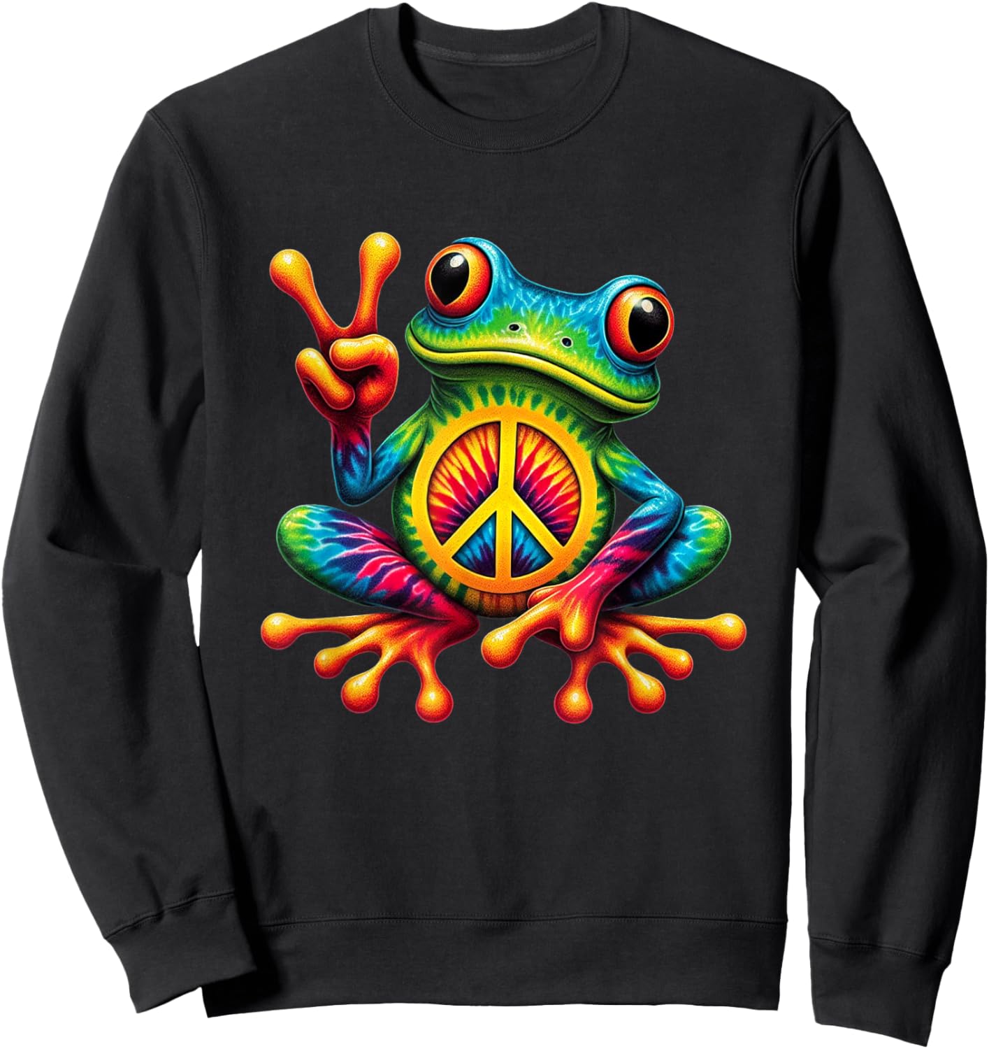 Tie-Dye Frog Holding Peace Sign Funny Hippie Sweatshirt - Sweatshirt | Black