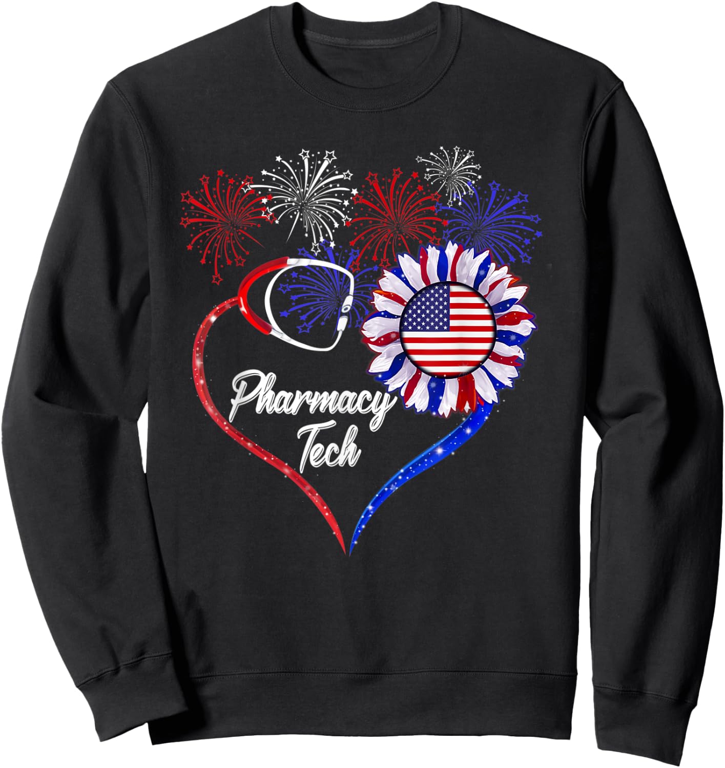 Patriotic Pharmacy Tech Sunflower 4th Of July American Flag Men Sweatshirt - Sweatshirt | Black