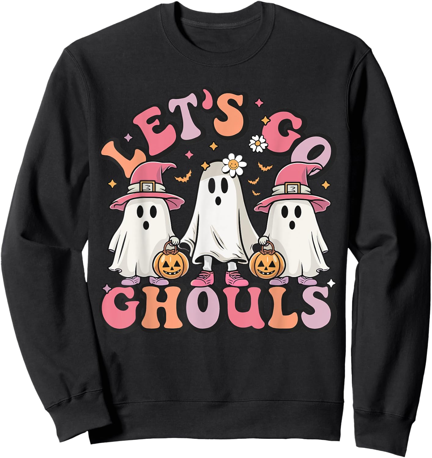 Women Let's Go Ghouls Halloween Ghost Costume Retro Groovy Sweatshirt - Sweatshirt | Black