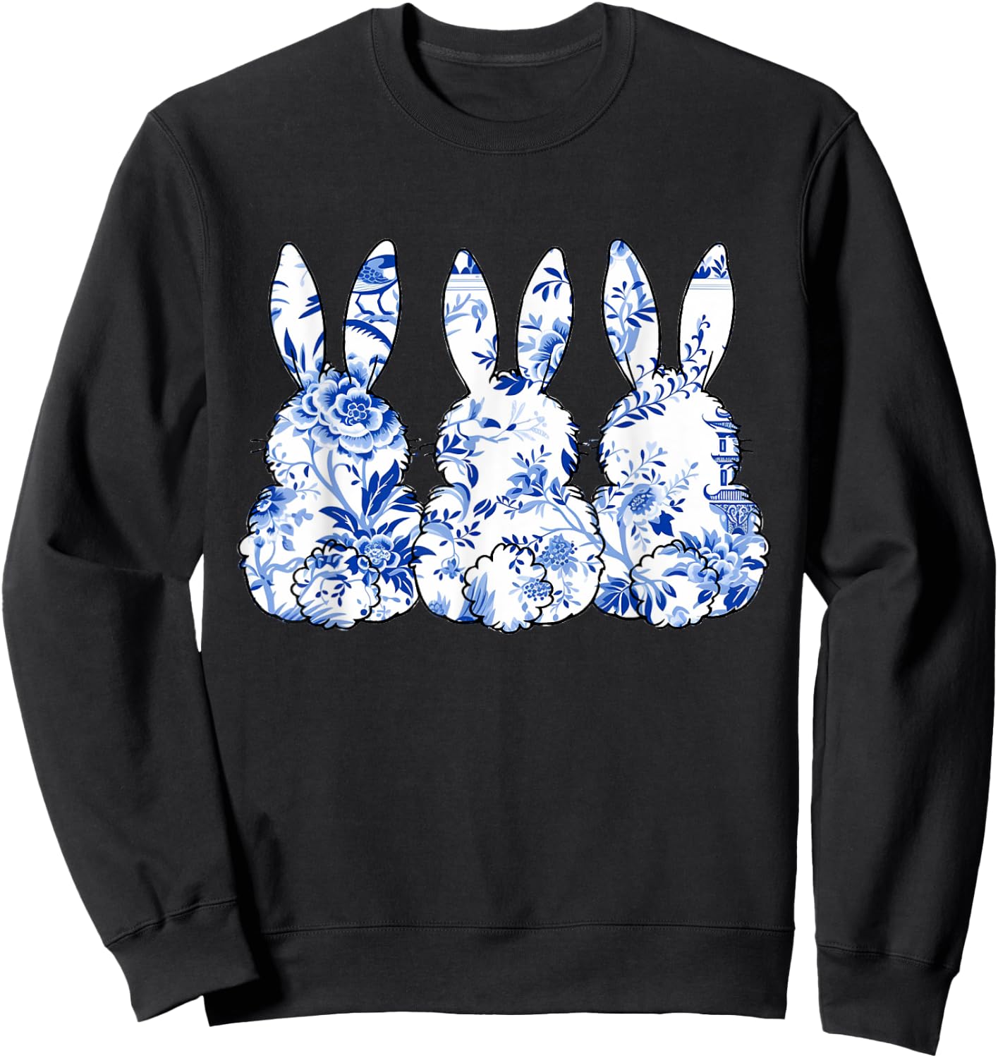 Chinoiserie Bunnies Blue and White Chinoiserie Florals women Sweatshirt - Sweatshirt | Black