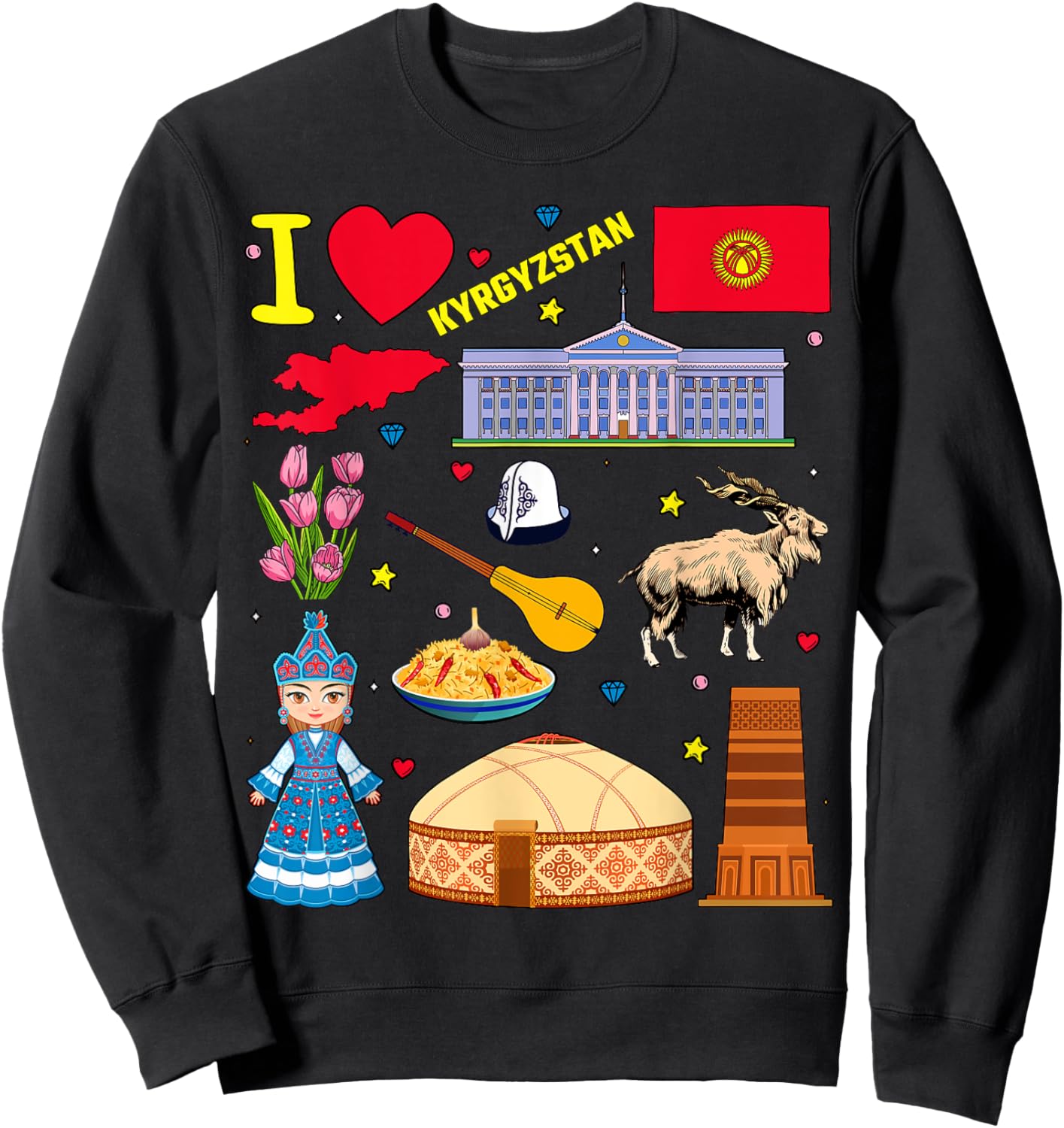 I love Kyrgyzstan. Hand drawn Kyrgyz Landmarks, flag and map Sweatshirt - Sweatshirt | Black