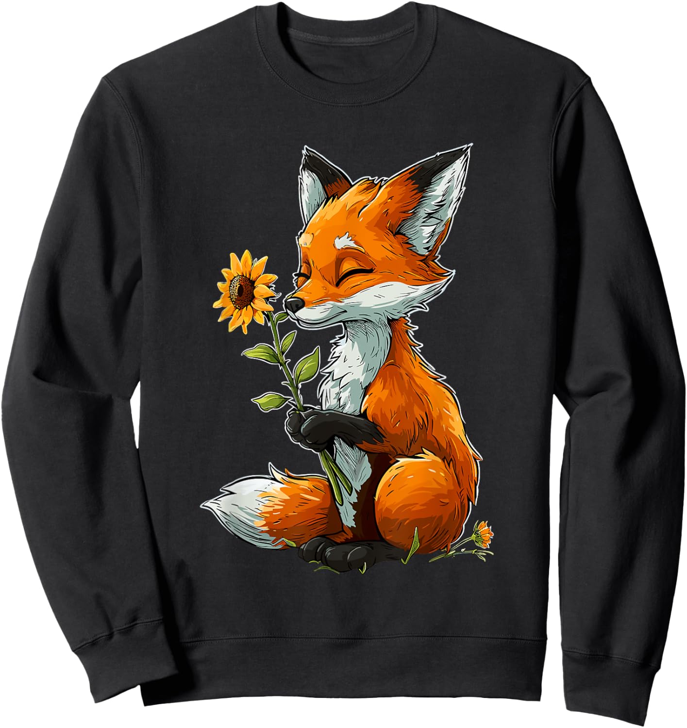 Red Fox Holding Sunflower Cute Red Fox Sweatshirt - Sweatshirt | Black