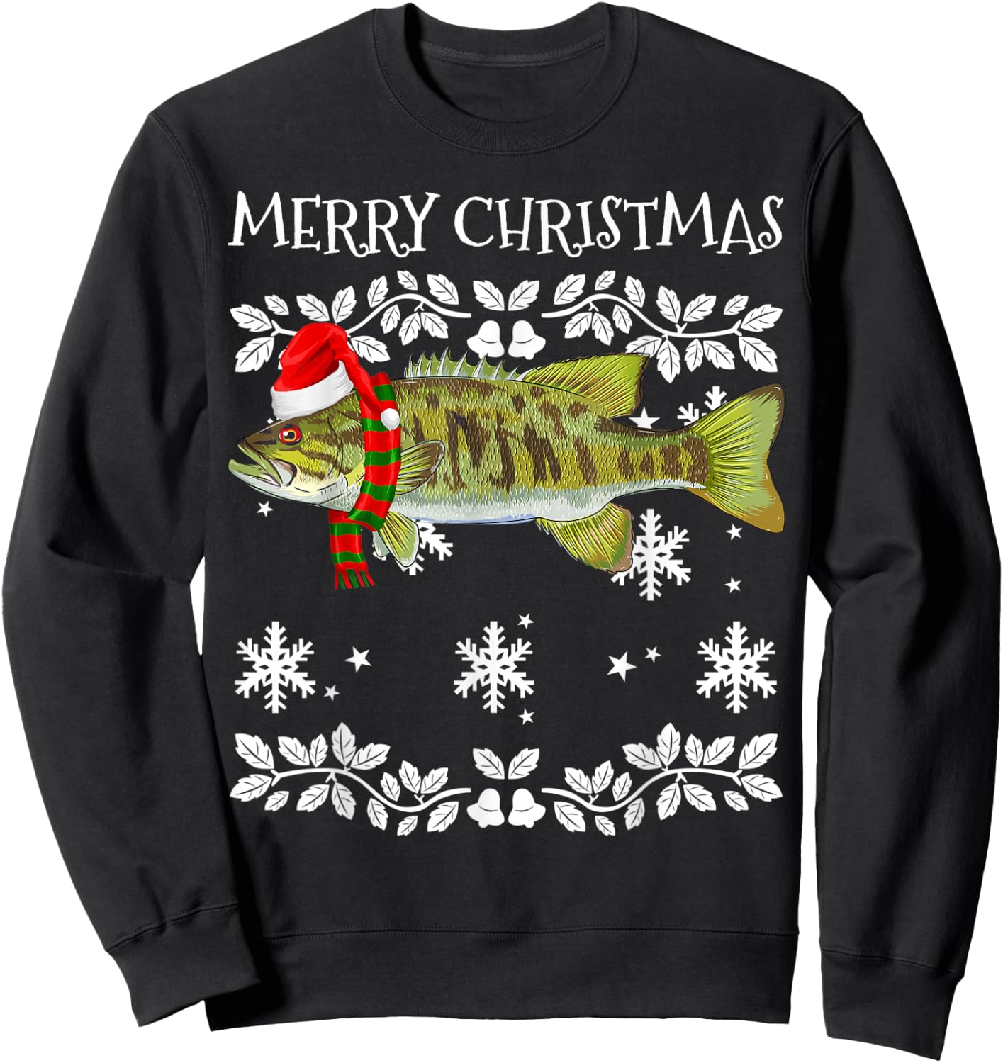 Fish Merry Christmas Ornament Smallmouth Bass Ugly Xmas Sweatshirt - Sweatshirt | Black