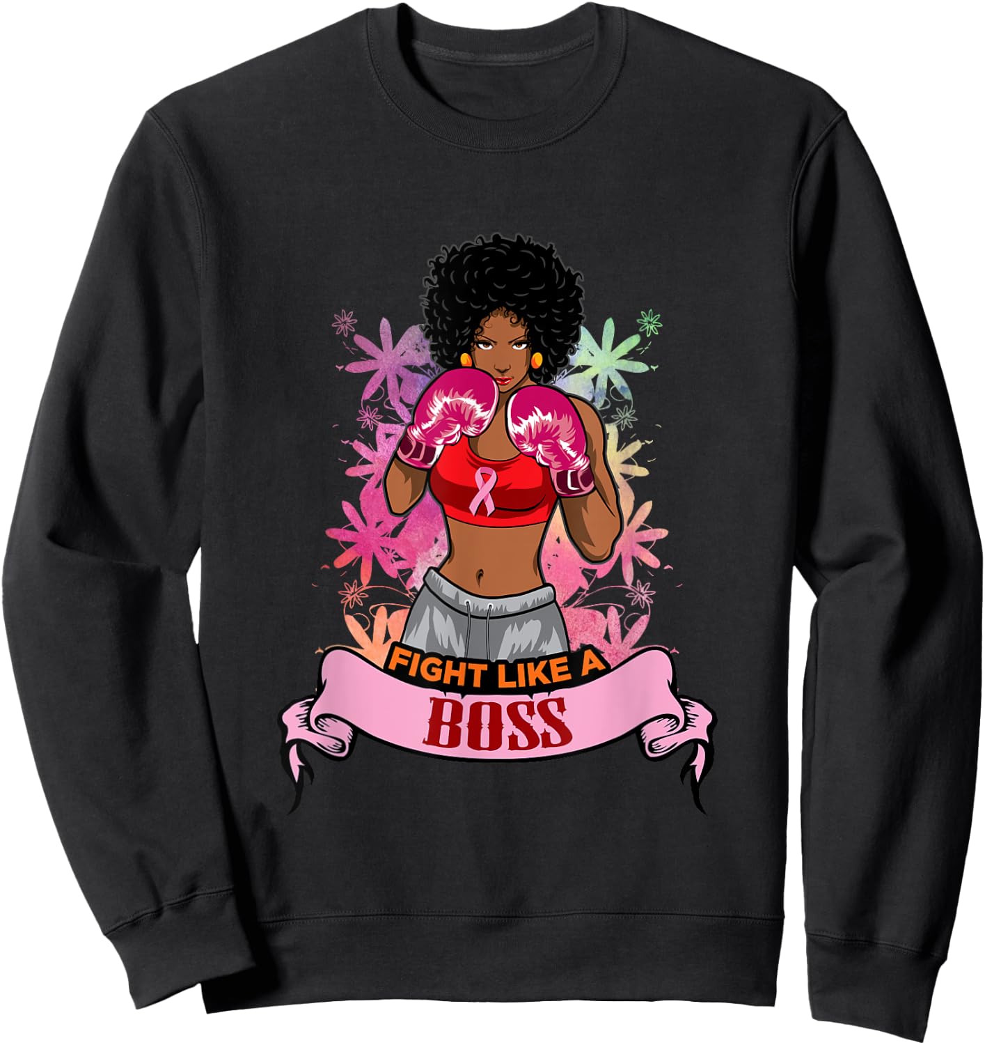 Black Girl Pink Warrior Breast Cancer Awareness Boxing Sweatshirt - Sweatshirt | Black