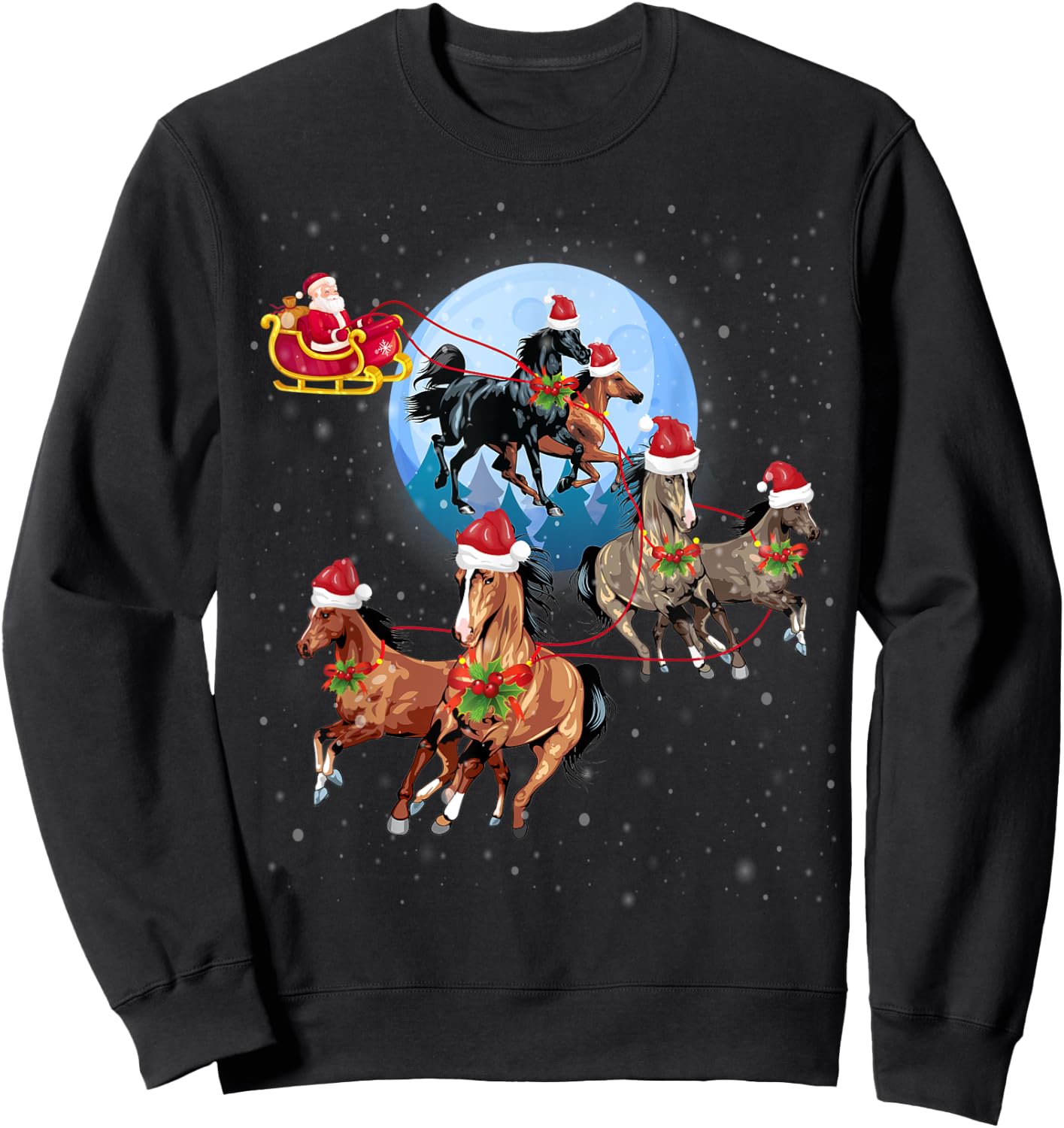 Horse Drawn Sleigh Riding Santa Claus Xmas Horses Funny Sweatshirt - Sweatshirt | Black