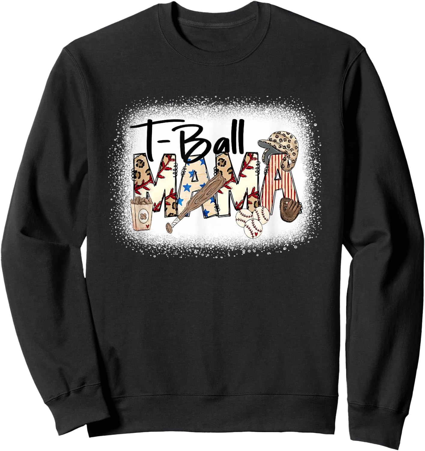 T Ball Mom Leopard Mother's Day Mama Ball Bleached Funny Sweatshirt - Sweatshirt | Black