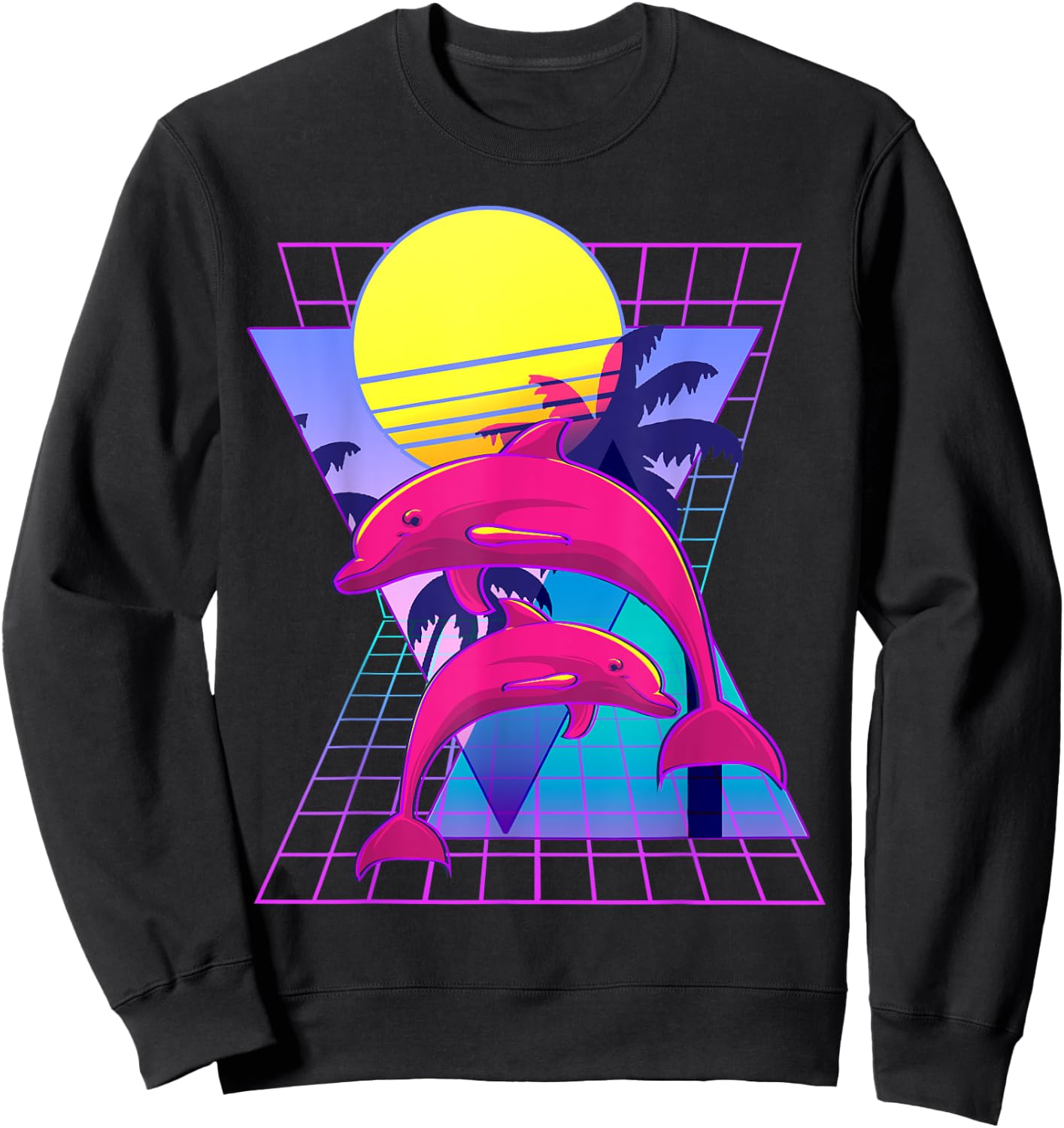 Vaporwave Dolphins Retro 80s Aesthetic Sweatshirt - Sweatshirt | Black