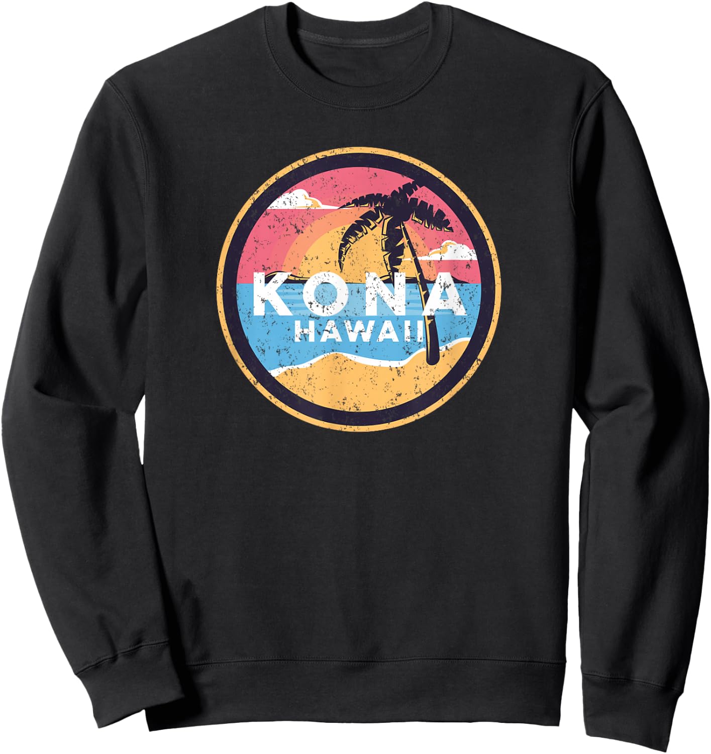 Kona Hawaii Vintage Distressed Surfer Beach Palm Tree Sunset Sweatshirt - Sweatshirt | Black