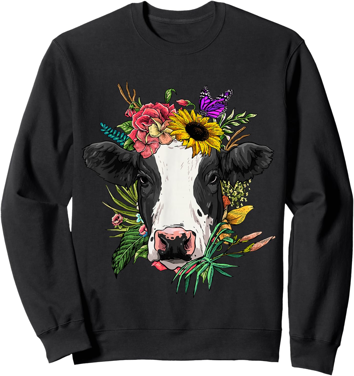 Floral Cow Head Spring Nature Lovers Farmer Sweatshirt - Sweatshirt | Black