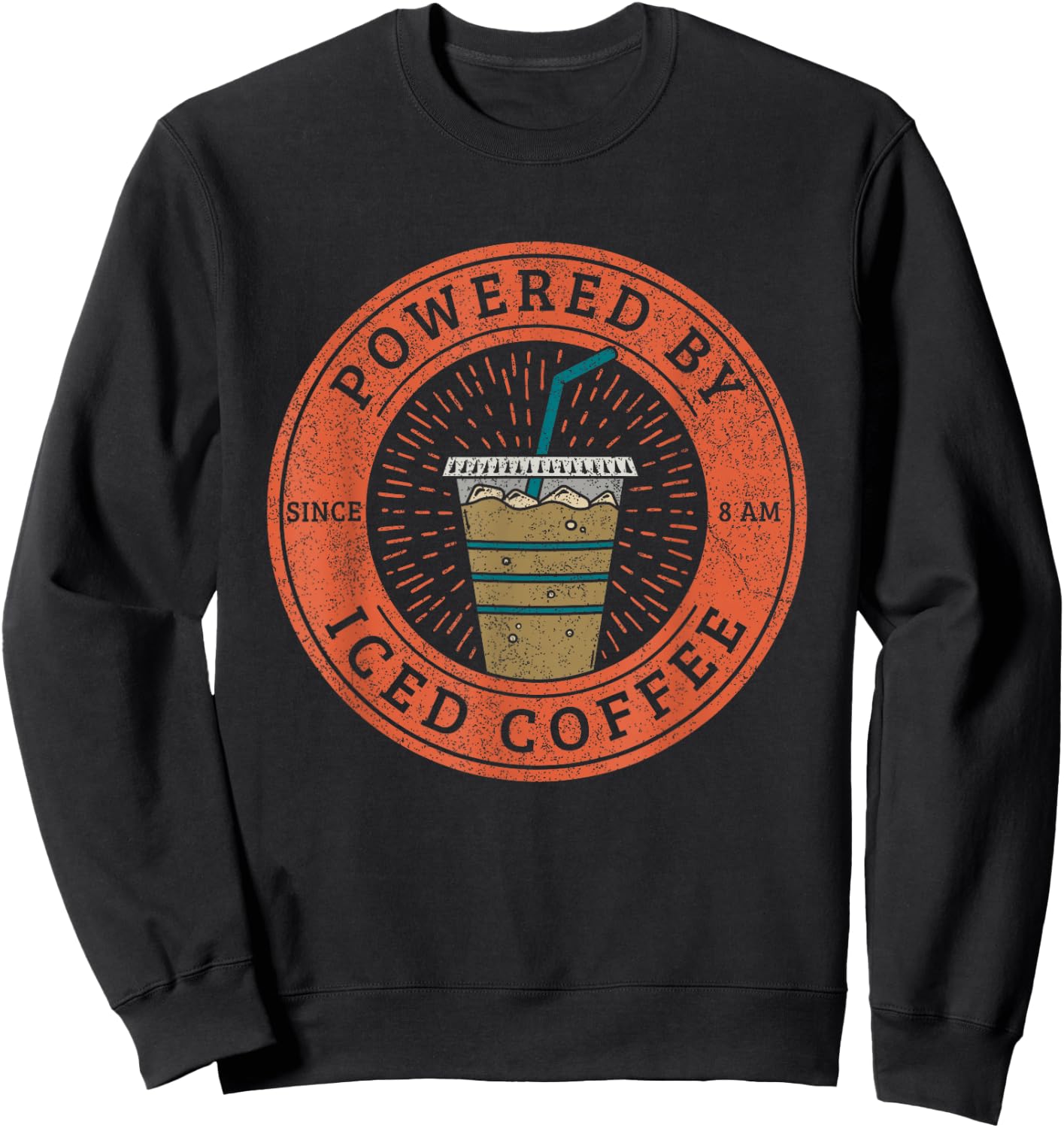 Lisa Norris Artworks Cute Powered by Iced Coffee - Black, -Adults, Small, Short Sleeve, Modern Casual, Fun, Ice Coffee Sweatshirt - Sweatshirt | Black