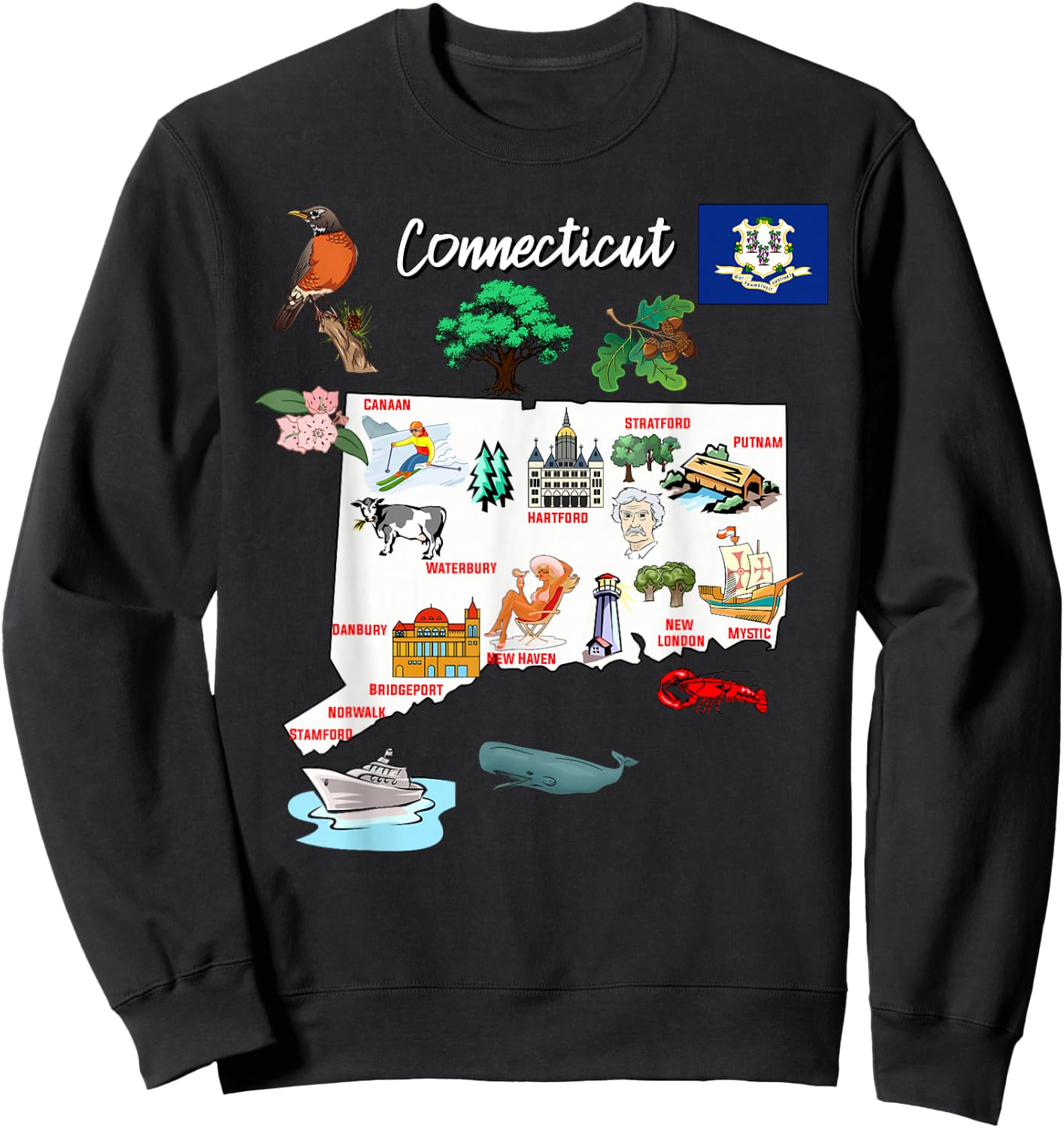 Illustrated map of Connecticut in the USA, cities Sweatshirt - Sweatshirt | Black