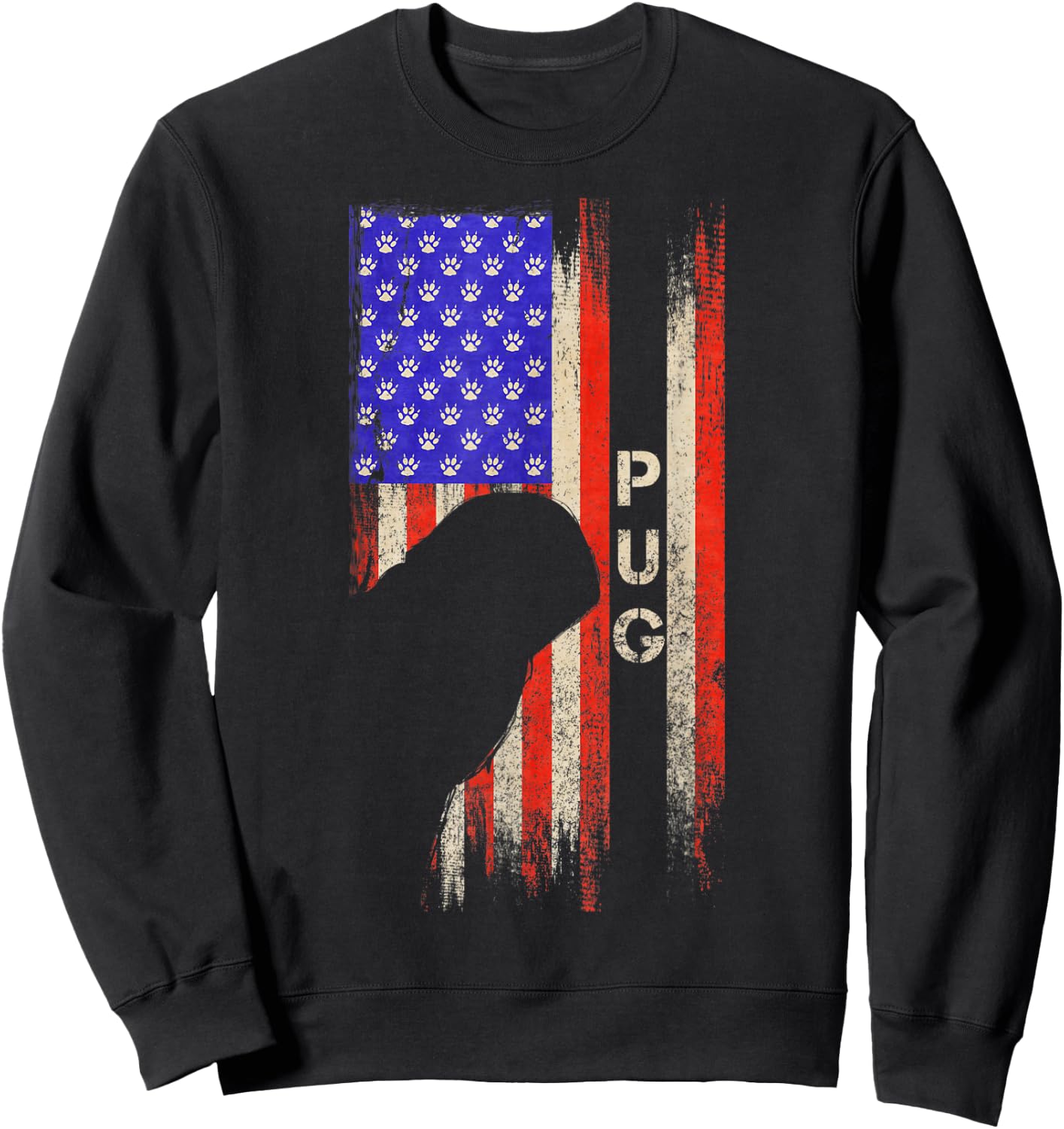 Vintage USA American Flag Pug Dog Silhouette Distressed Kids Men Sweatshirt - Sweatshirt | Black