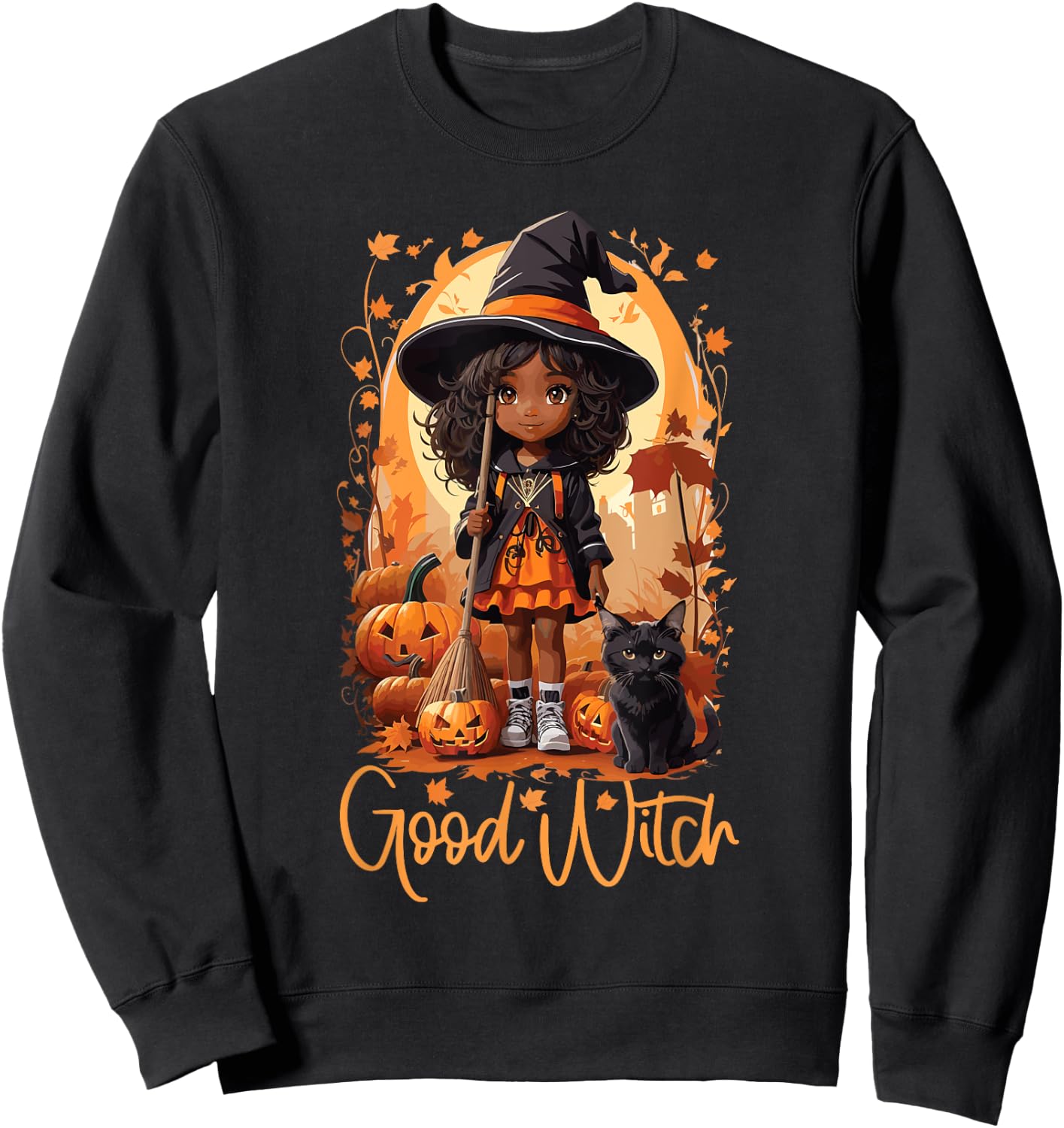 Good Witch Cute Girl African American Witch Funny Halloween Sweatshirt - Sweatshirt | Black