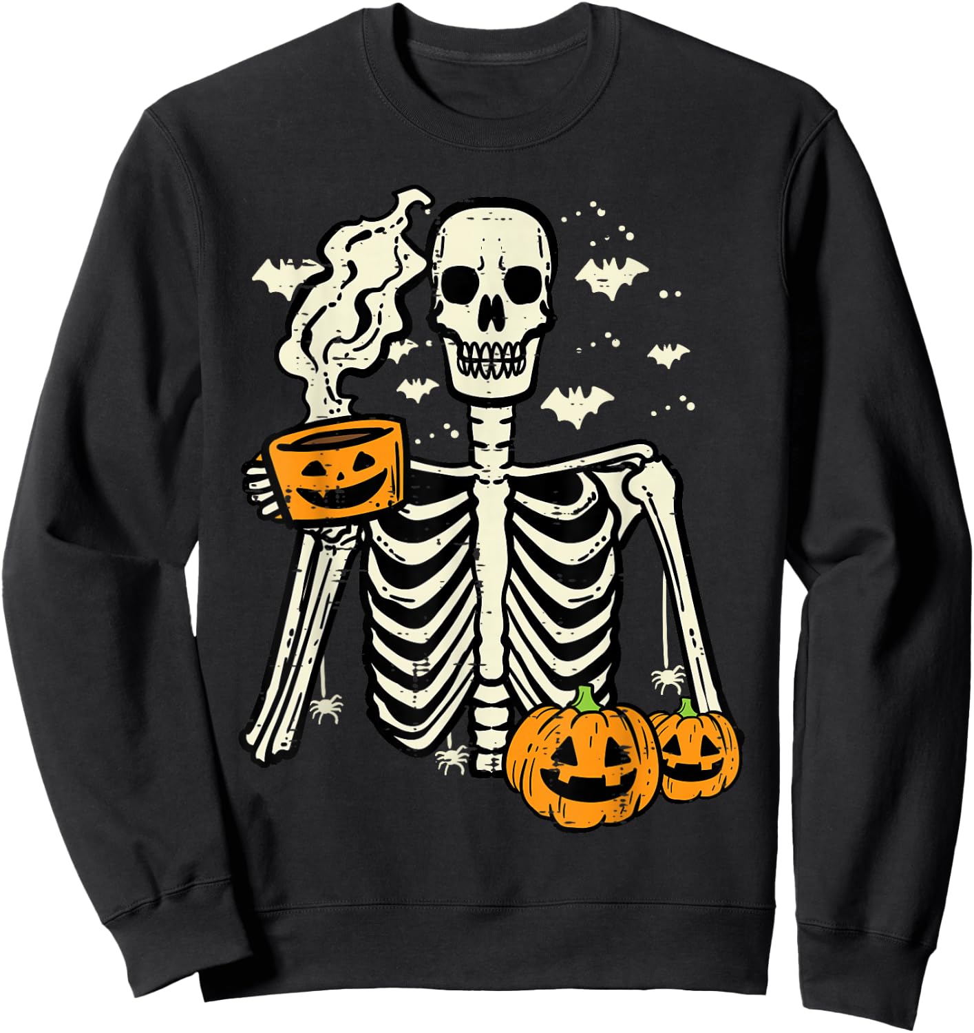 Halloween Skeleton Pumpkin Fall Coffee Fun Costume Men Women Sweatshirt - Sweatshirt | Black