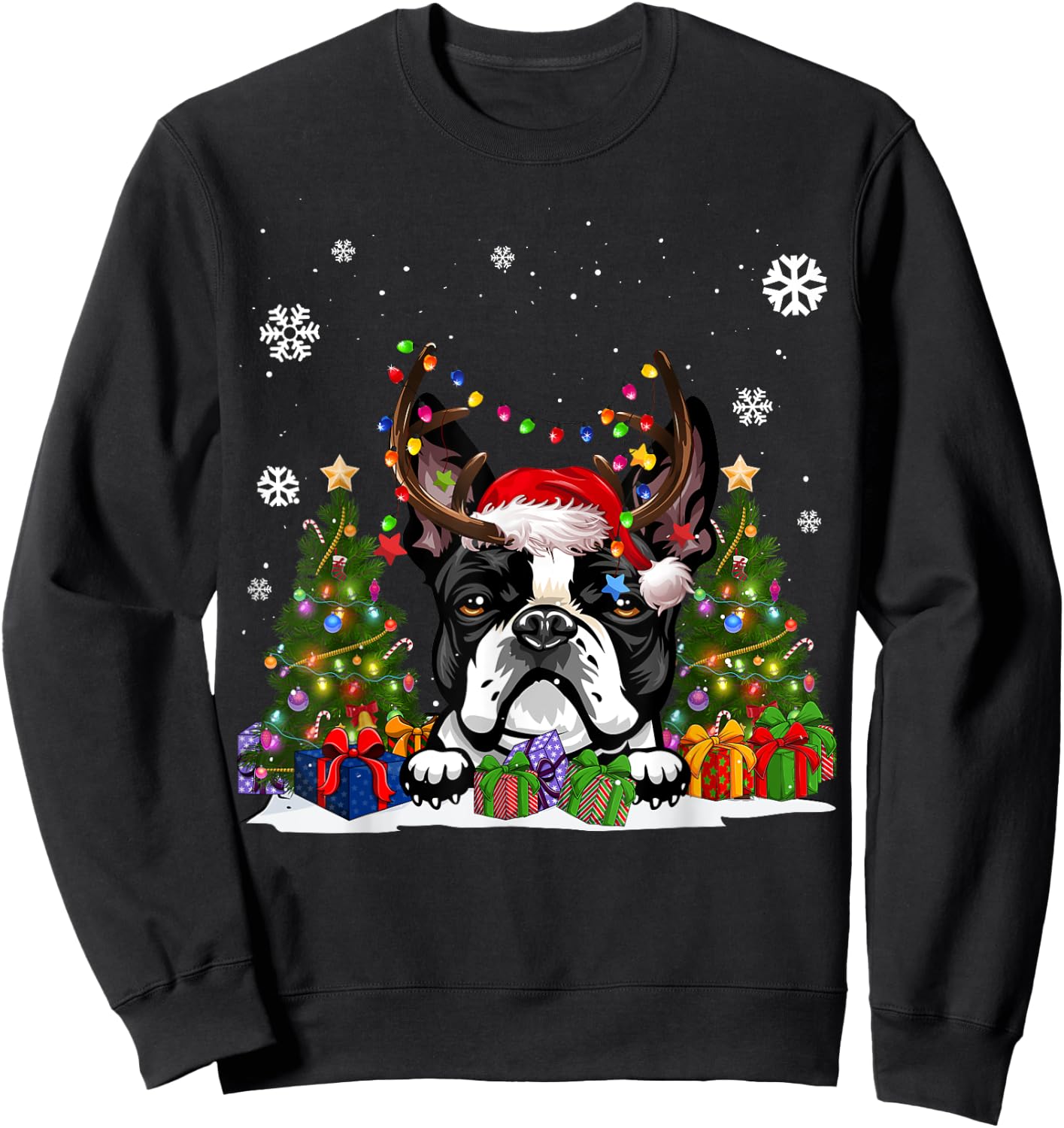 Funny Dog Boston Terrier Santa Hat Ugly Christmas Sweater Women Kids Sweatshirt - Sweatshirt | Black