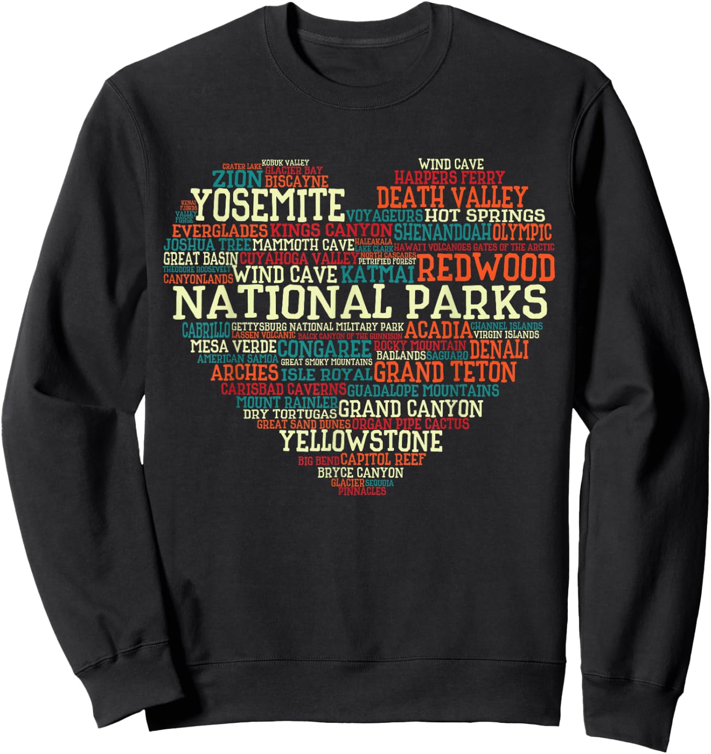 National Parks List Word Cloud heart Camping Men Women Kids Sweatshirt - Sweatshirt | Black