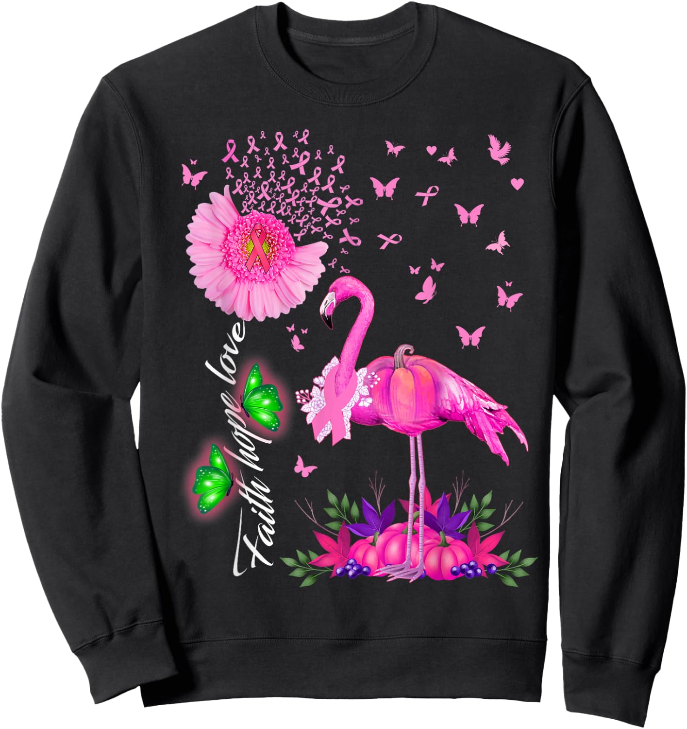 Flamingo Faith Hope Love Pink Pumpkin Ribbon Breast Cancer Sweatshirt - Sweatshirt | Black