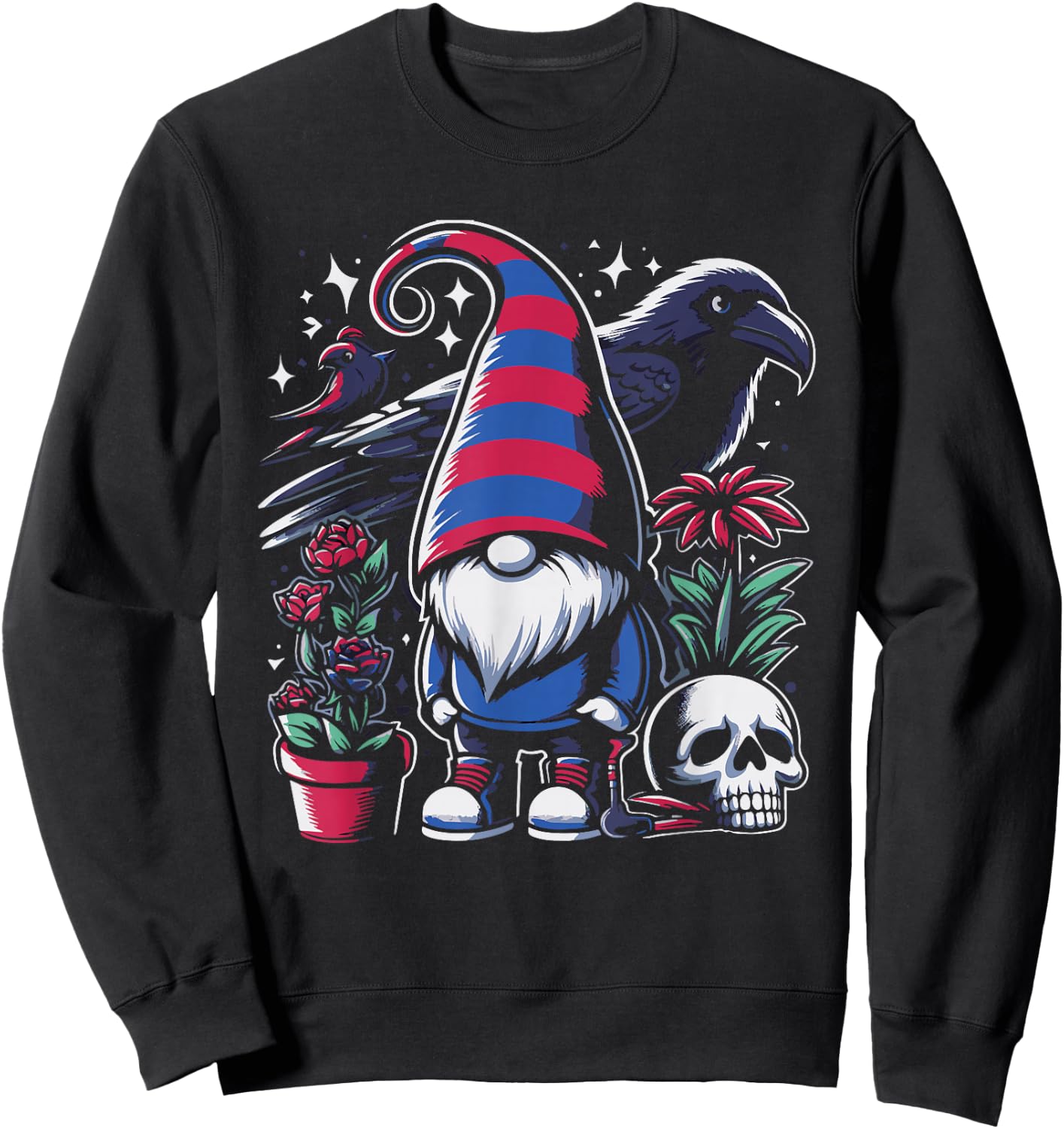 Gnome Raven Crow Bird Skull Emo Goth Gothic Punk Sweatshirt - Sweatshirt | Black