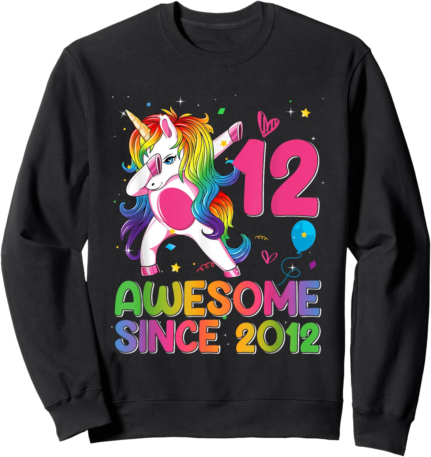 12 Years Old Awesome Since 2012 12th Birthday Unicorn Girls Sweatshirt - Sweatshirt | Black