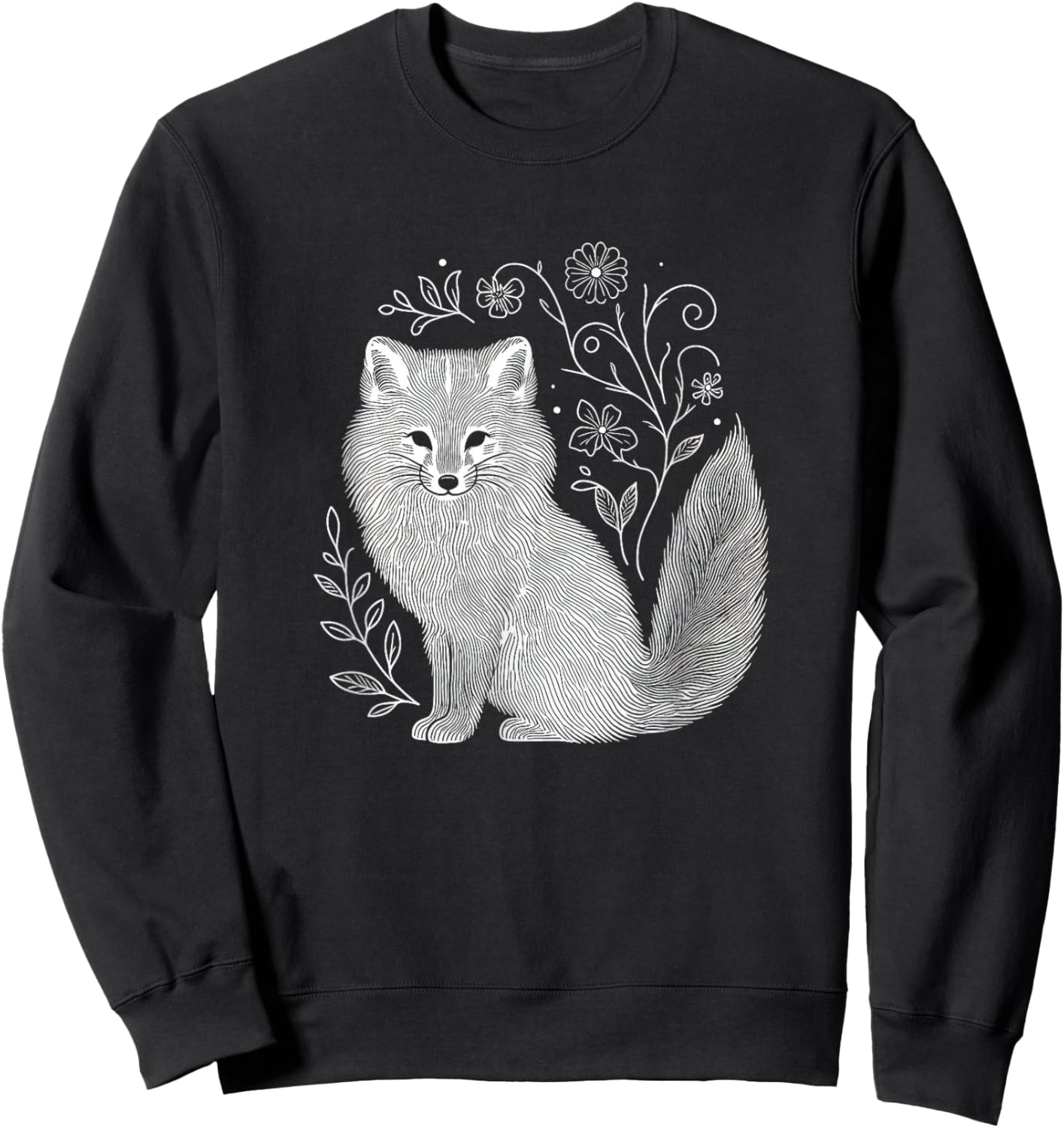 Vintage Arctic Fox Flower Art Design and Men Sweatshirt - Sweatshirt | Black