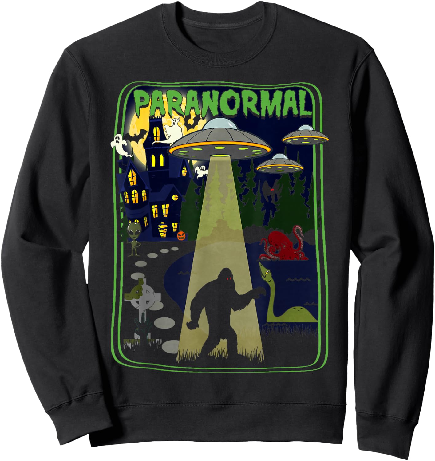 Paranormal Cryptid Poster Bigfoot UFOs Ghosts Sweatshirt - Sweatshirt | Black