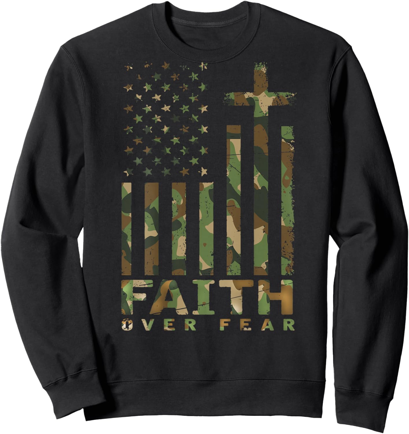 Military Camo Faith Over Fear Inspirational Christian Sweatshirt - Sweatshirt | Black