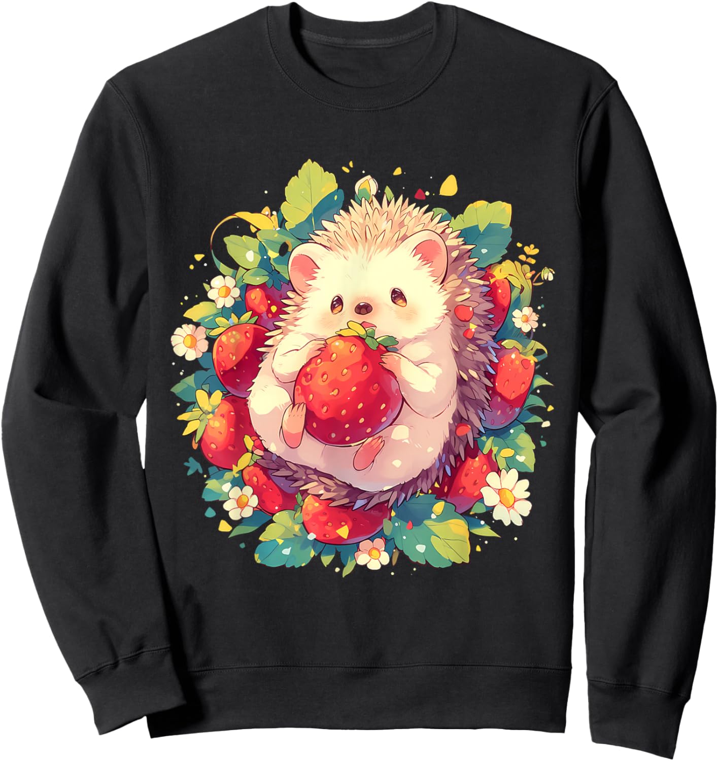 Strawberry Hedgehog Floral Drawing Wildlife Cute Hedgehog Sweatshirt - Sweatshirt | Black