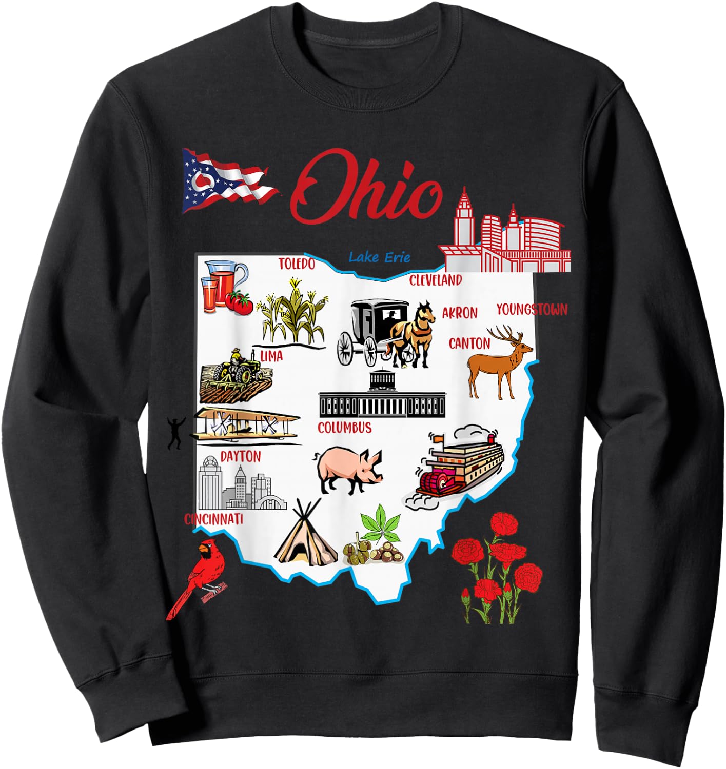 Illustrated map of the state of Ohio in the USA, major cities Sweatshirt - Sweatshirt | Black