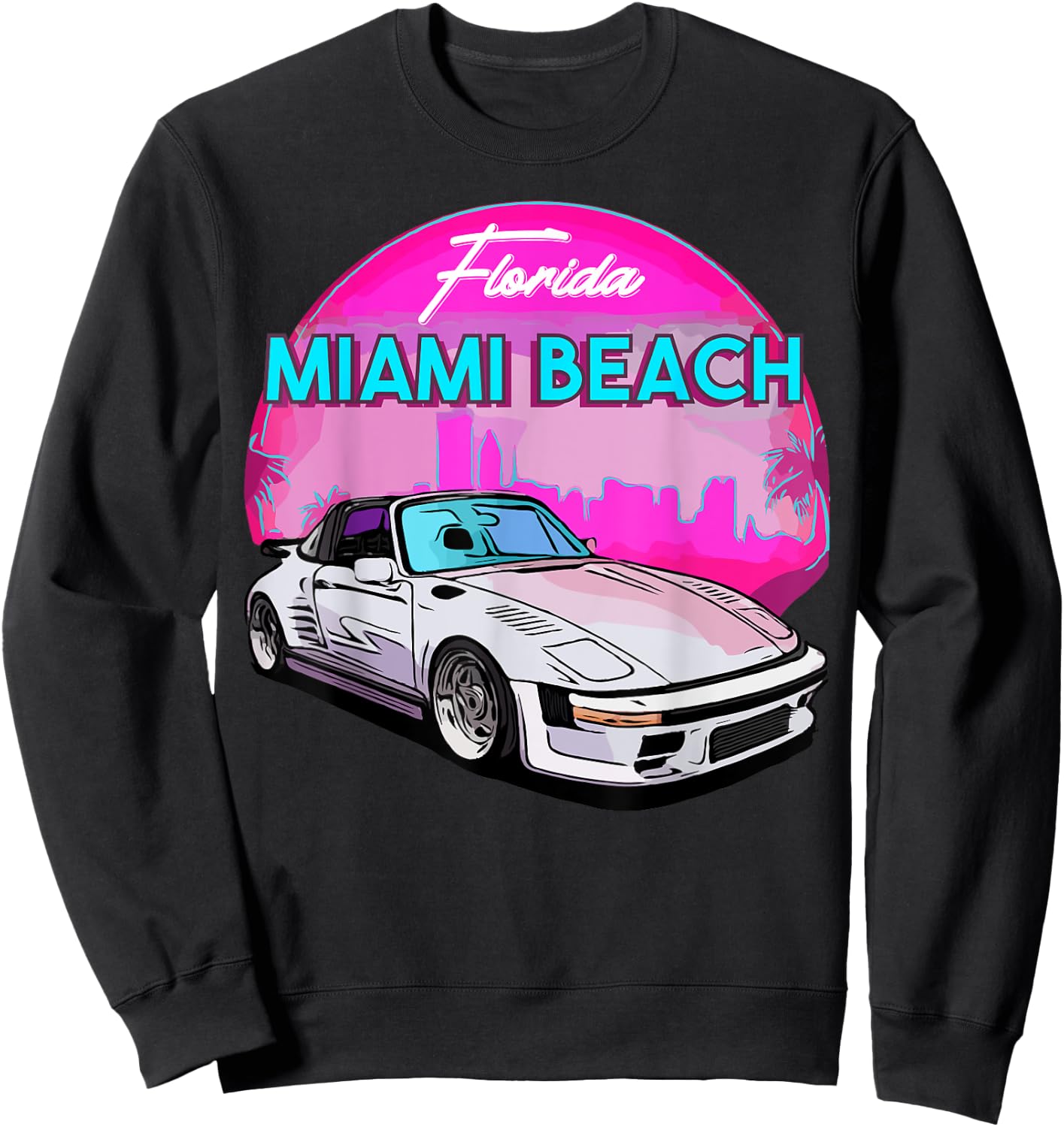 Miami Beach Florida Miami Palm Trees and Vintage Car Sweatshirt - Sweatshirt | Black